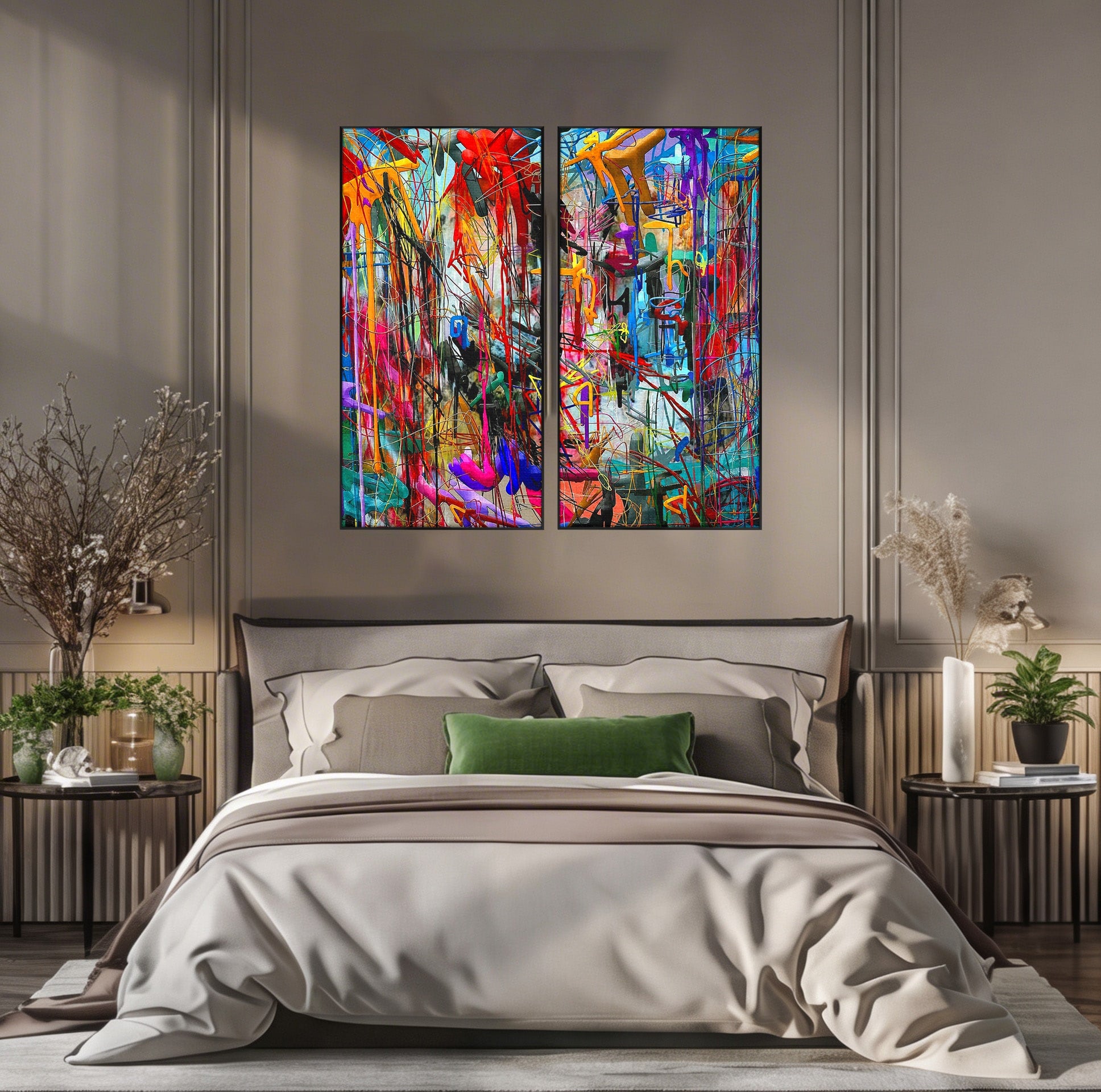 Tablou Canvas Premium LuxCanva® PI1387, Vibratii Abstracte, Set 2 Tablouri, Abstract, Arta Moderna, Creativitate, Energetic, Culori Vibrante, Living