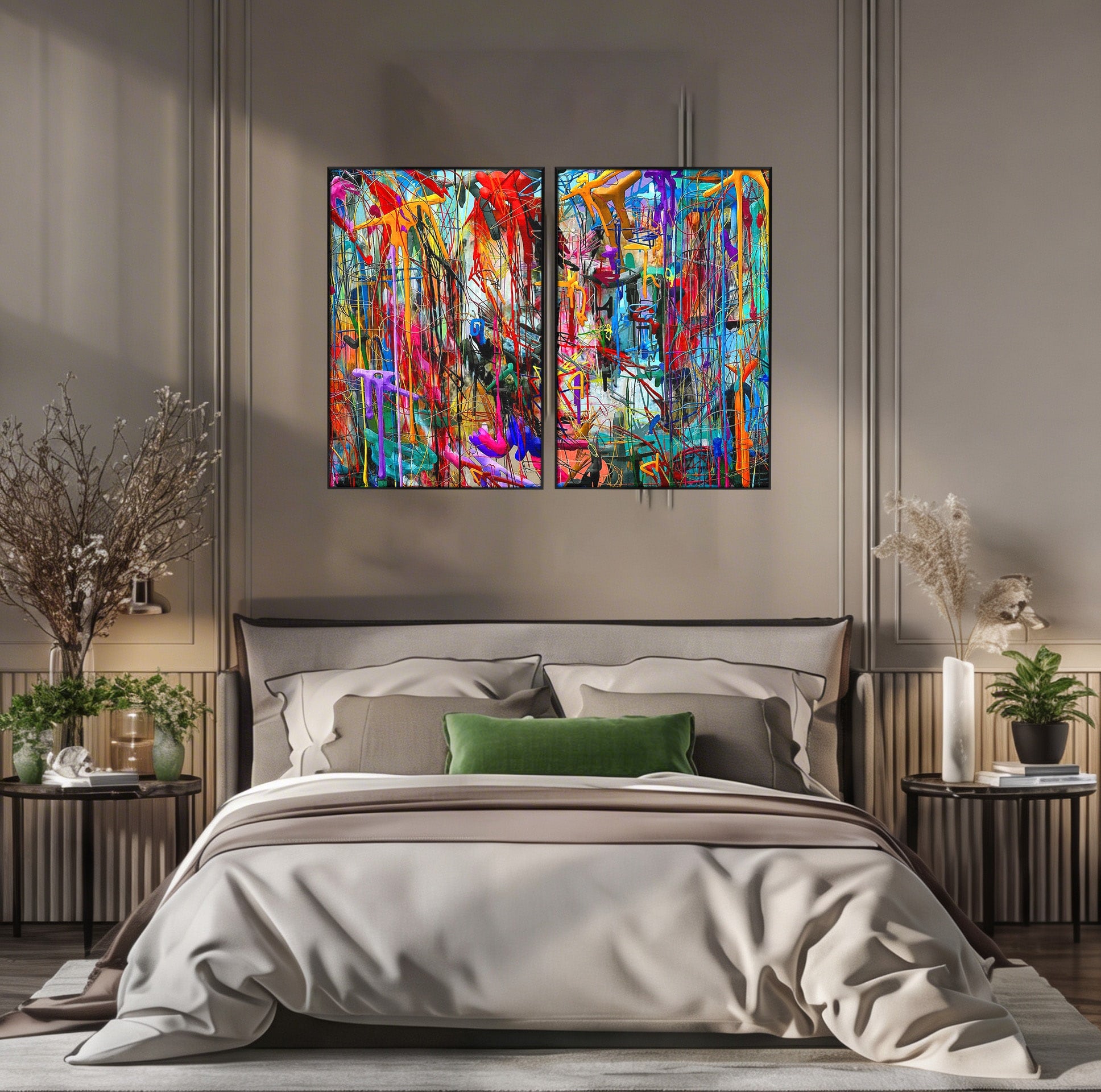 Tablou Canvas Premium LuxCanva® PI1387, Vibratii Abstracte, Set 2 Tablouri, Abstract, Arta Moderna, Creativitate, Energetic, Culori Vibrante, Living
