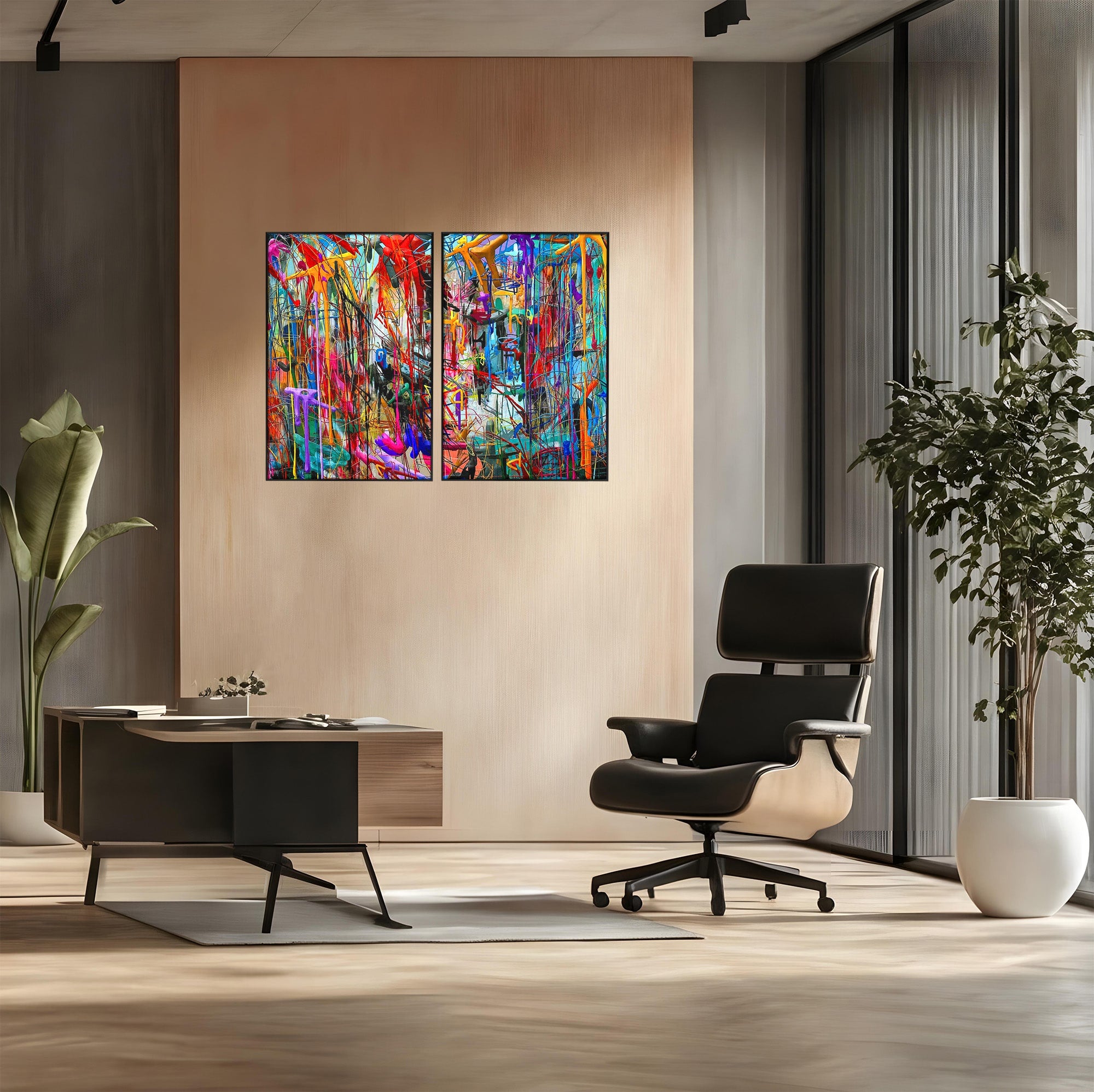 Tablou Canvas Premium LuxCanva® PI1387, Vibratii Abstracte, Set 2 Tablouri, Abstract, Arta Moderna, Creativitate, Energetic, Culori Vibrante, Living