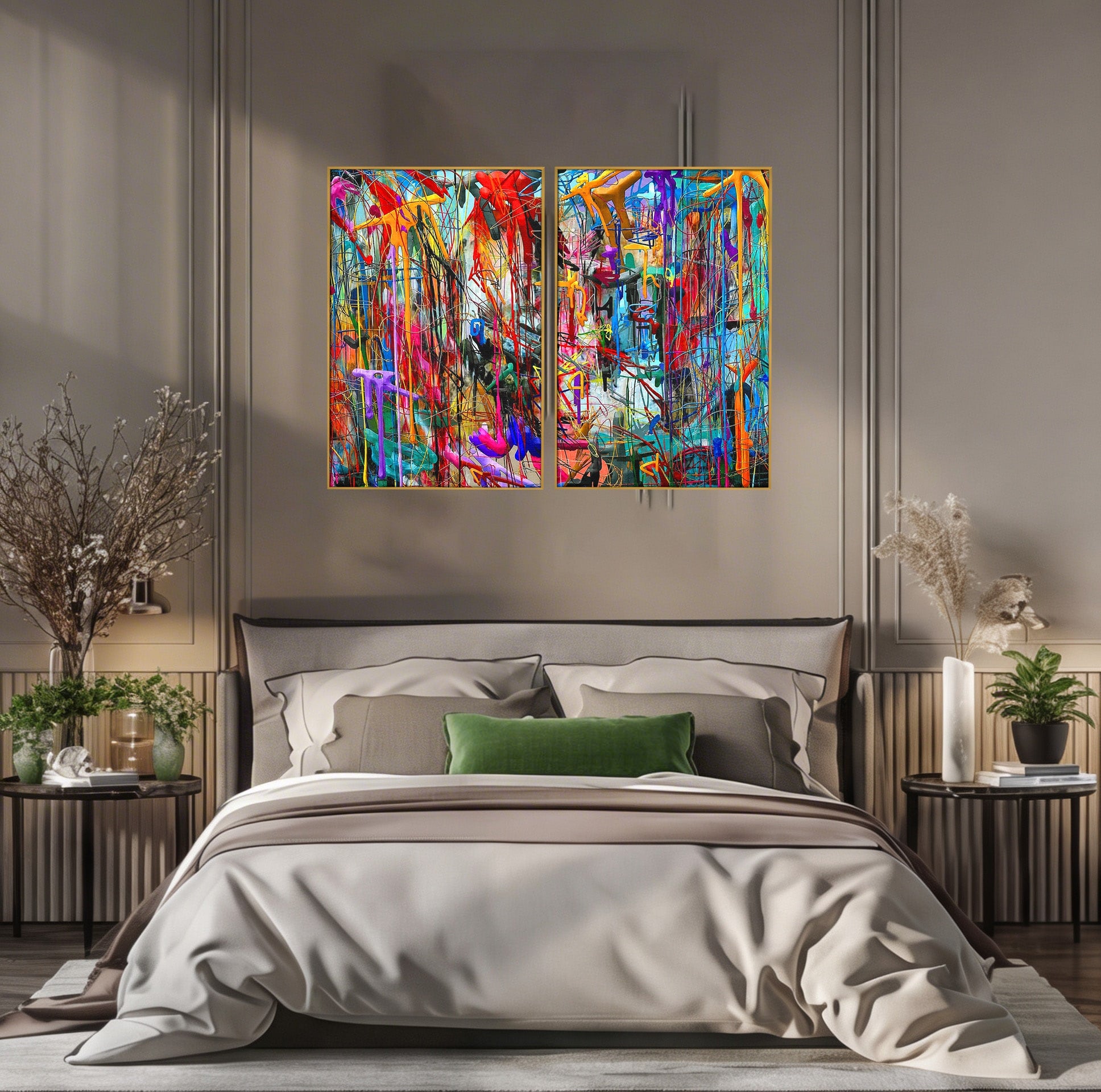 Tablou Canvas Premium LuxCanva® PI1387, Vibratii Abstracte, Set 2 Tablouri, Abstract, Arta Moderna, Creativitate, Energetic, Culori Vibrante, Living