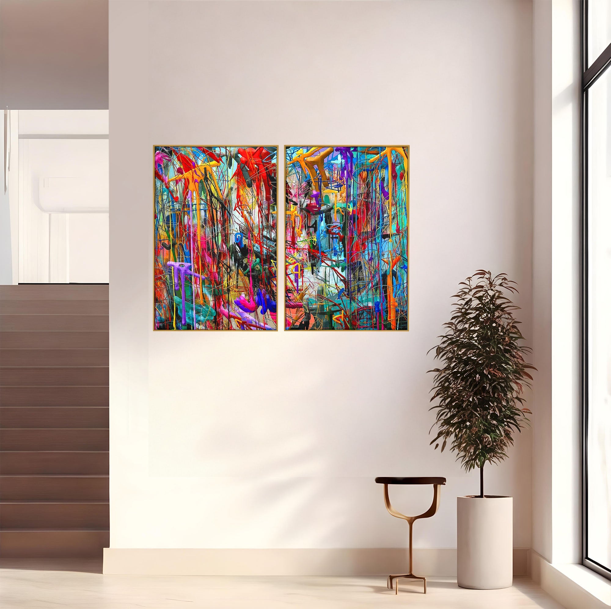 Tablou Canvas Premium LuxCanva® PI1387, Vibratii Abstracte, Set 2 Tablouri, Abstract, Arta Moderna, Creativitate, Energetic, Culori Vibrante, Living
