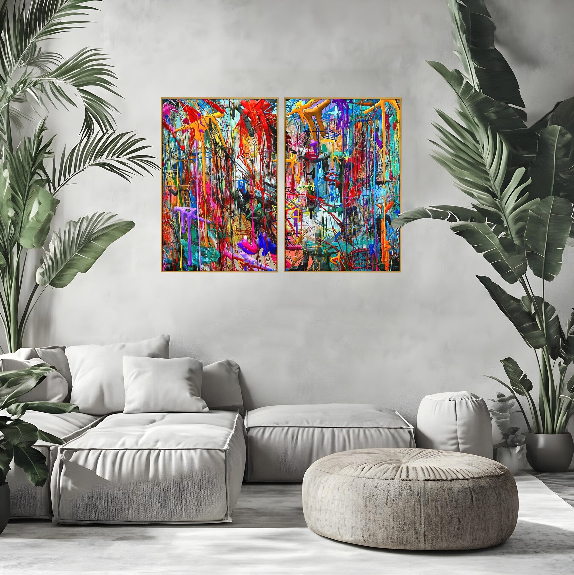 Tablou Canvas Premium LuxCanva® PI1387, Vibratii Abstracte, Set 2 Tablouri, Abstract, Arta Moderna, Creativitate, Energetic, Culori Vibrante, Living