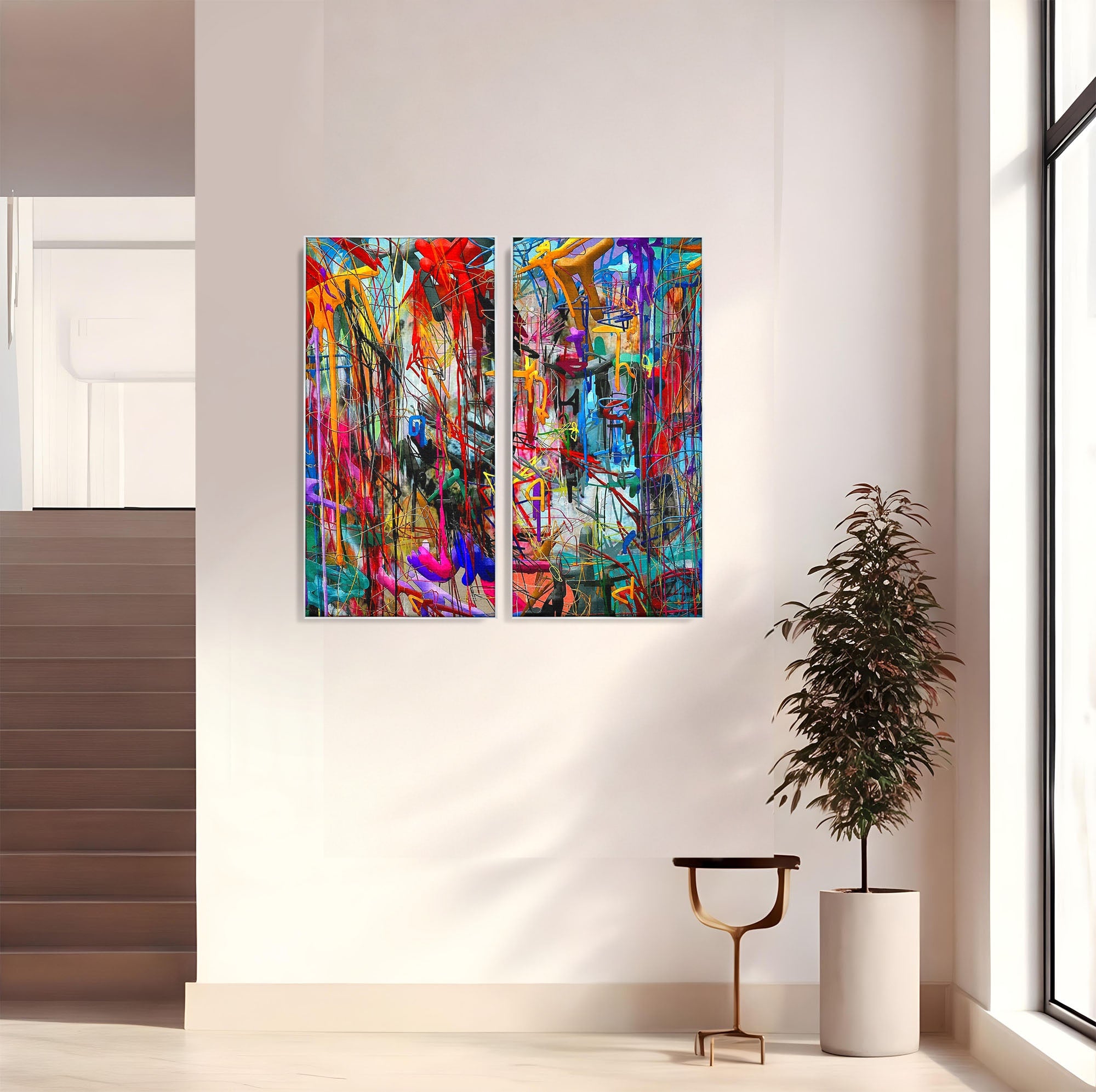 Tablou Canvas Premium LuxCanva® PI1387, Vibratii Abstracte, Set 2 Tablouri, Abstract, Arta Moderna, Creativitate, Energetic, Culori Vibrante, Living
