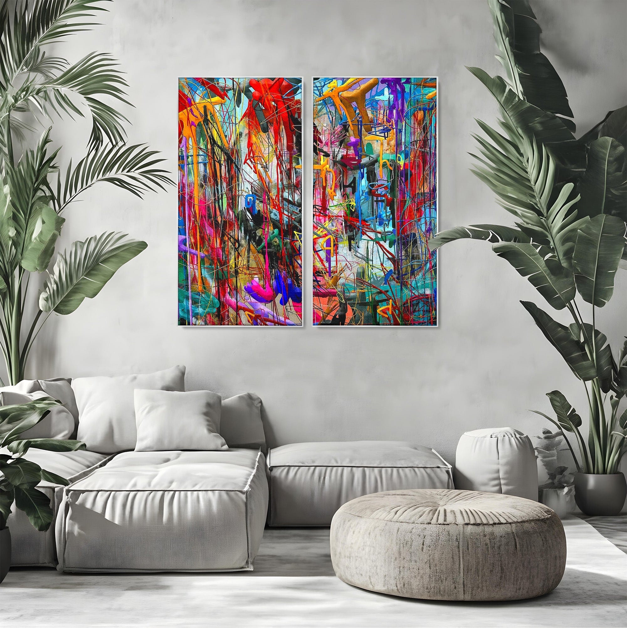 Tablou Canvas Premium LuxCanva® PI1387, Vibratii Abstracte, Set 2 Tablouri, Abstract, Arta Moderna, Creativitate, Energetic, Culori Vibrante, Living
