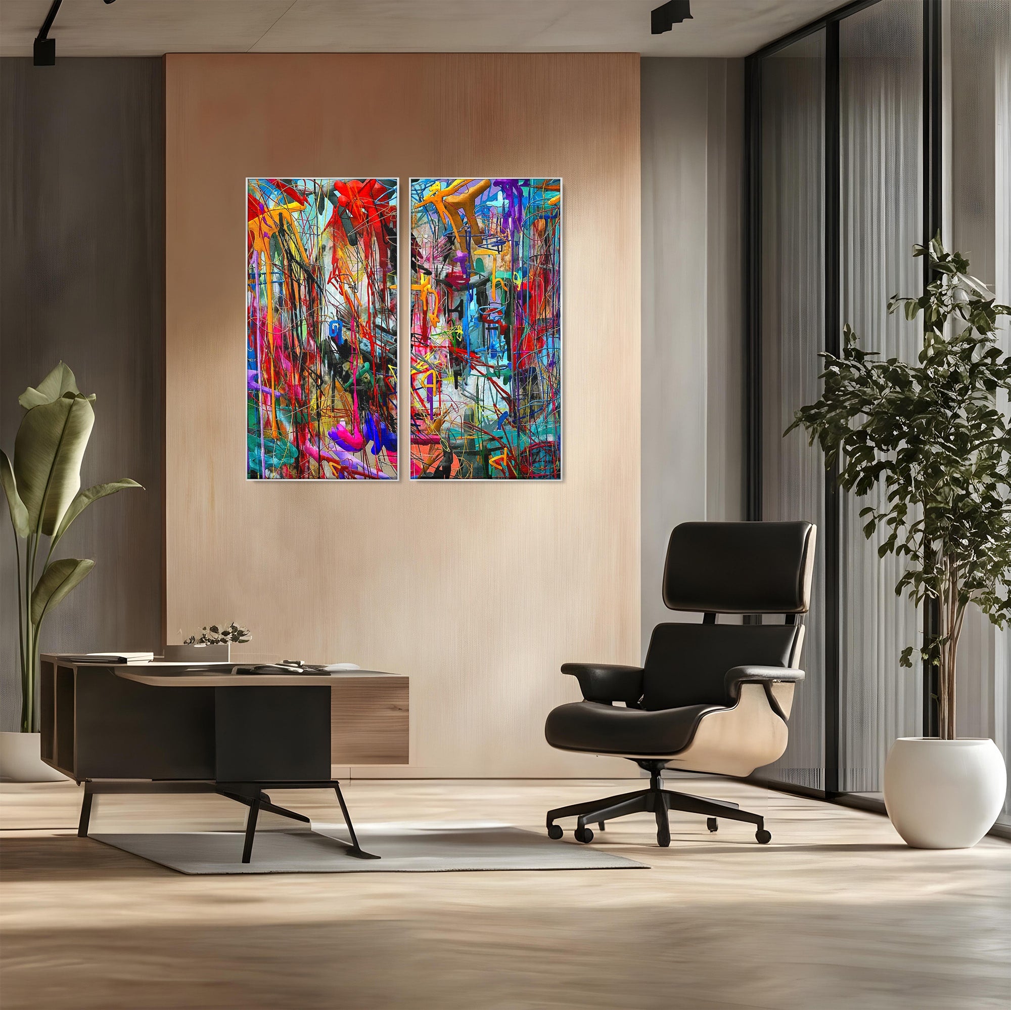 Tablou Canvas Premium LuxCanva® PI1387, Vibratii Abstracte, Set 2 Tablouri, Abstract, Arta Moderna, Creativitate, Energetic, Culori Vibrante, Living