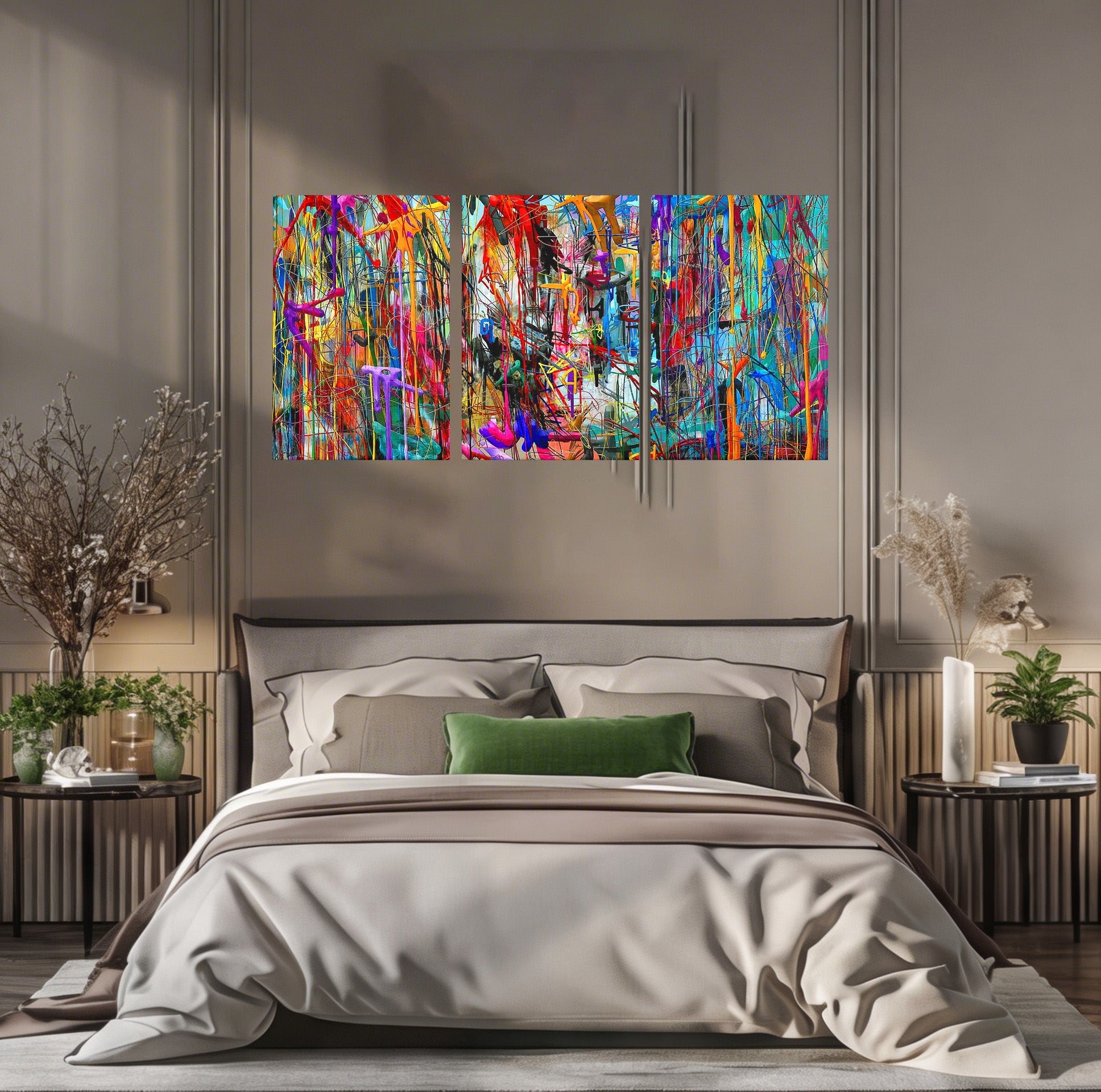Tablou Canvas Premium LuxCanva® PI1388, Energia Culorilor Vii, Triptic, Abstract, Arta Moderna, Creativitate, Culori Vibrante, Living