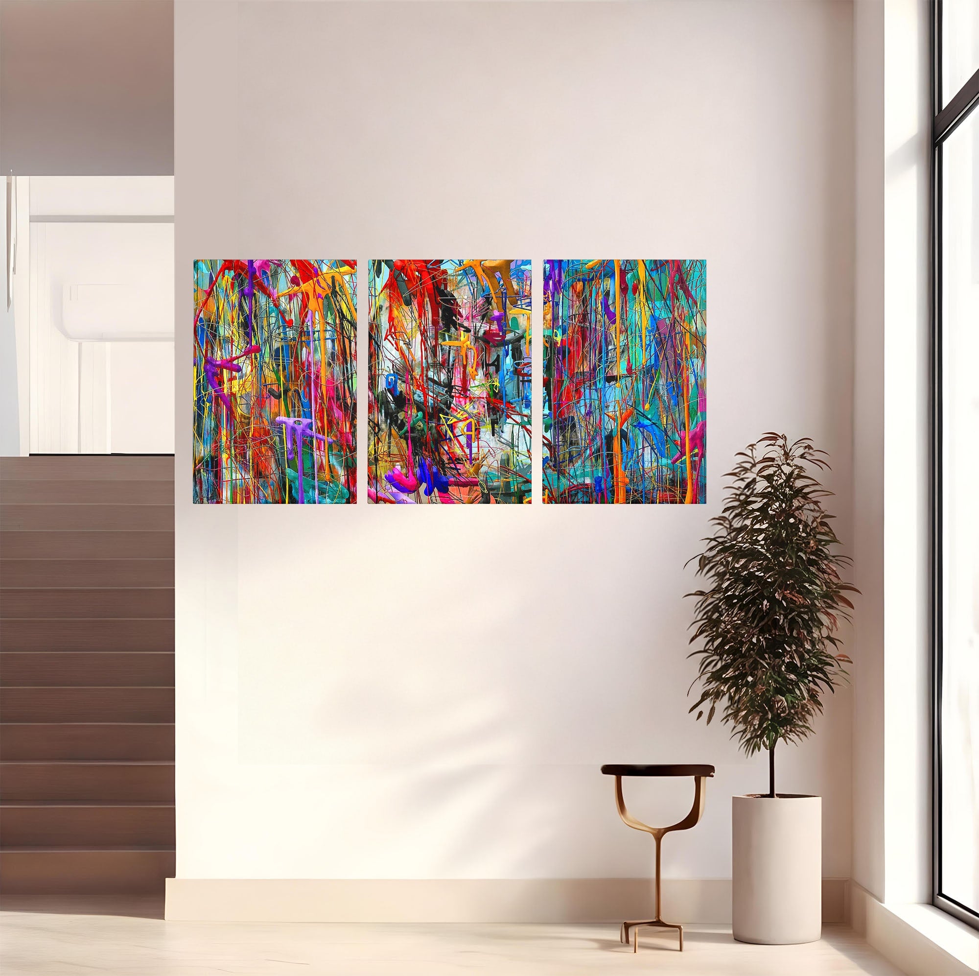 Tablou Canvas Premium LuxCanva® PI1388, Energia Culorilor Vii, Triptic, Abstract, Arta Moderna, Creativitate, Culori Vibrante, Living