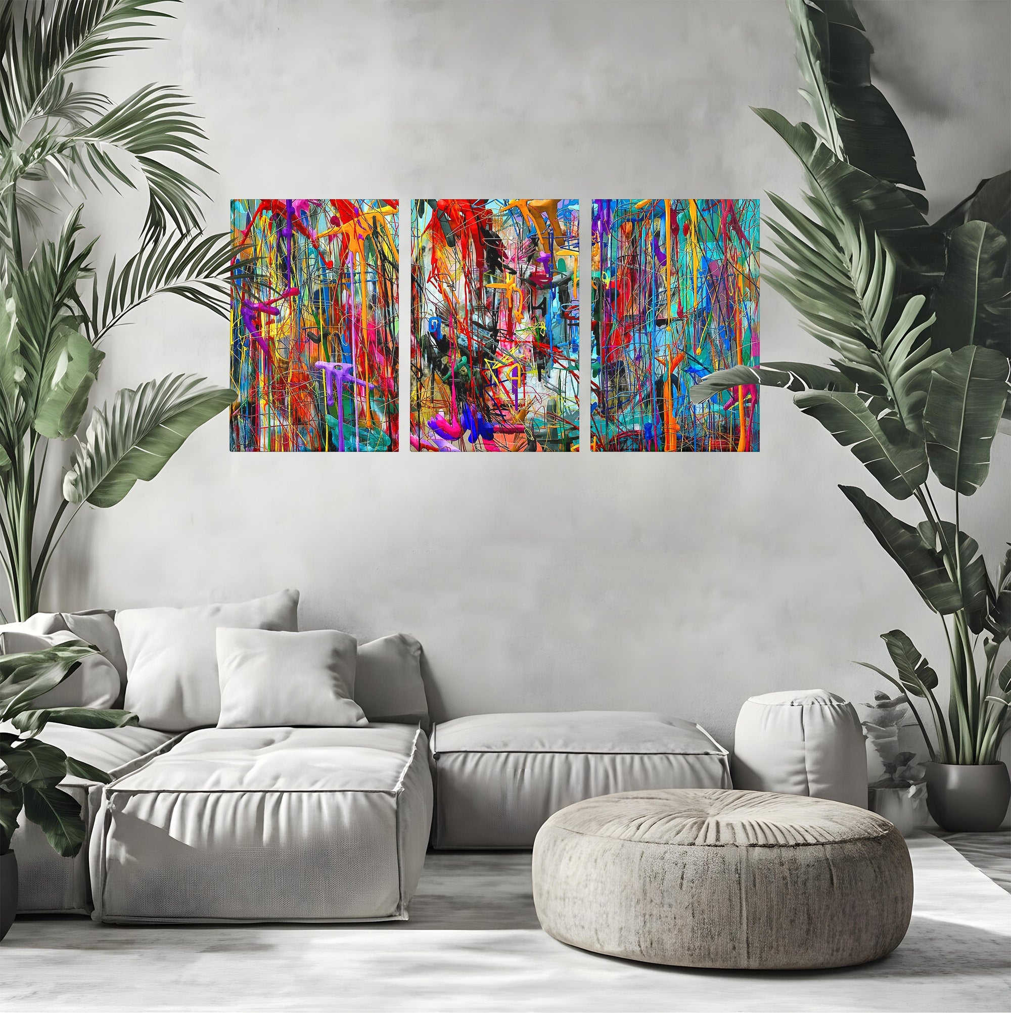 Tablou Canvas Premium LuxCanva® PI1388, Energia Culorilor Vii, Triptic, Abstract, Arta Moderna, Creativitate, Culori Vibrante, Living