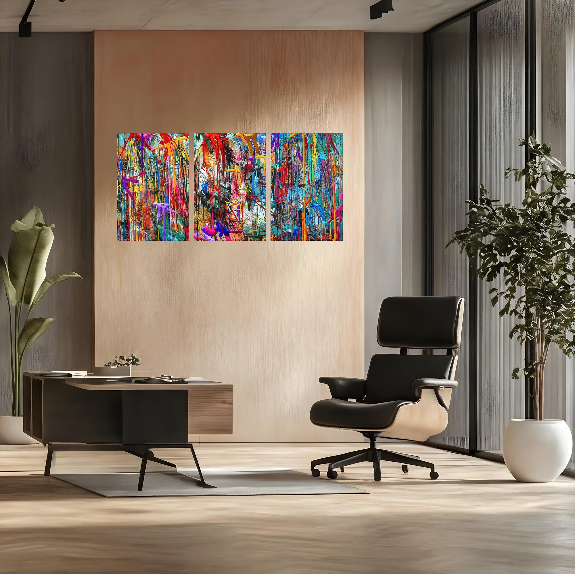 Tablou Canvas Premium LuxCanva® PI1388, Energia Culorilor Vii, Triptic, Abstract, Arta Moderna, Creativitate, Culori Vibrante, Living
