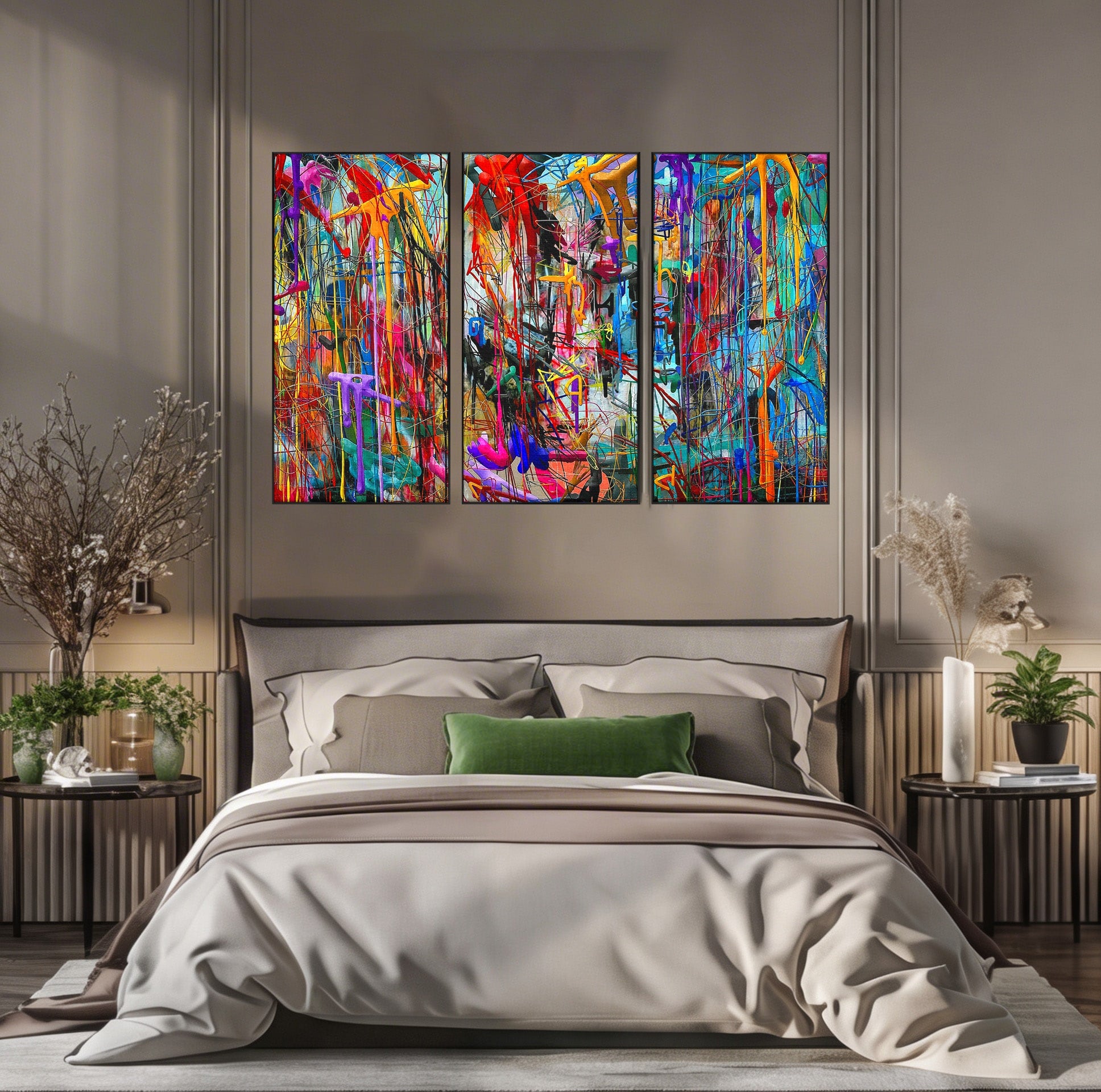 Tablou Canvas Premium LuxCanva® PI1388, Energia Culorilor Vii, Triptic, Abstract, Arta Moderna, Creativitate, Culori Vibrante, Living