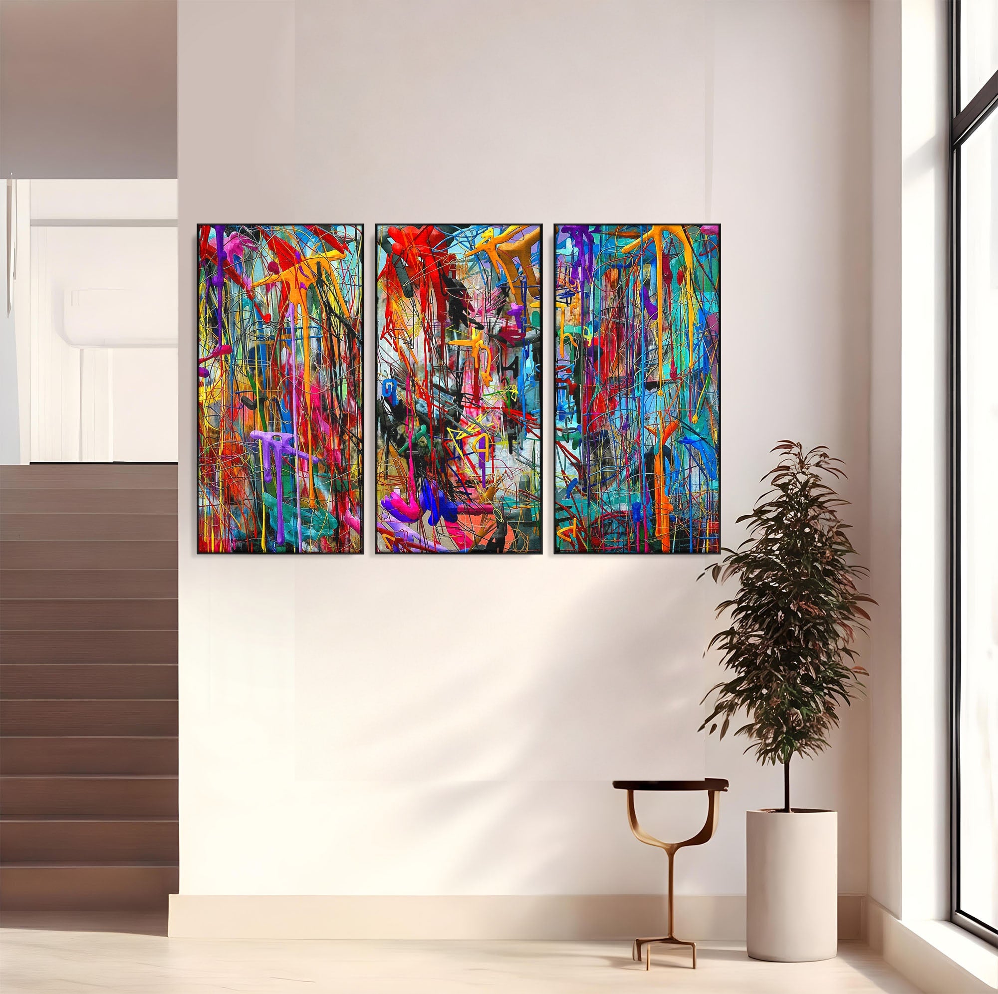 Tablou Canvas Premium LuxCanva® PI1388, Energia Culorilor Vii, Triptic, Abstract, Arta Moderna, Creativitate, Culori Vibrante, Living