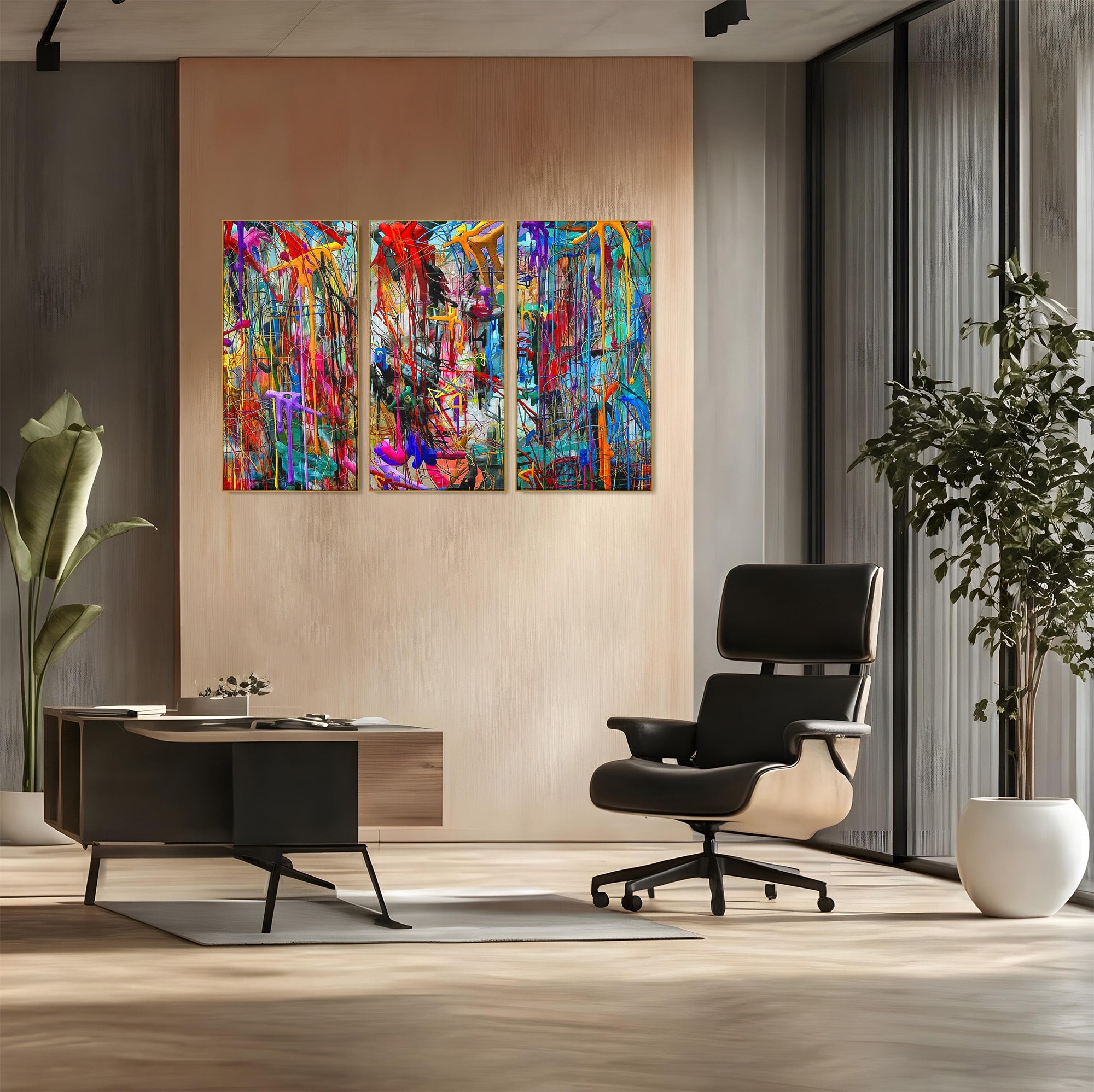 Tablou Canvas Premium LuxCanva® PI1388, Energia Culorilor Vii, Triptic, Abstract, Arta Moderna, Creativitate, Culori Vibrante, Living