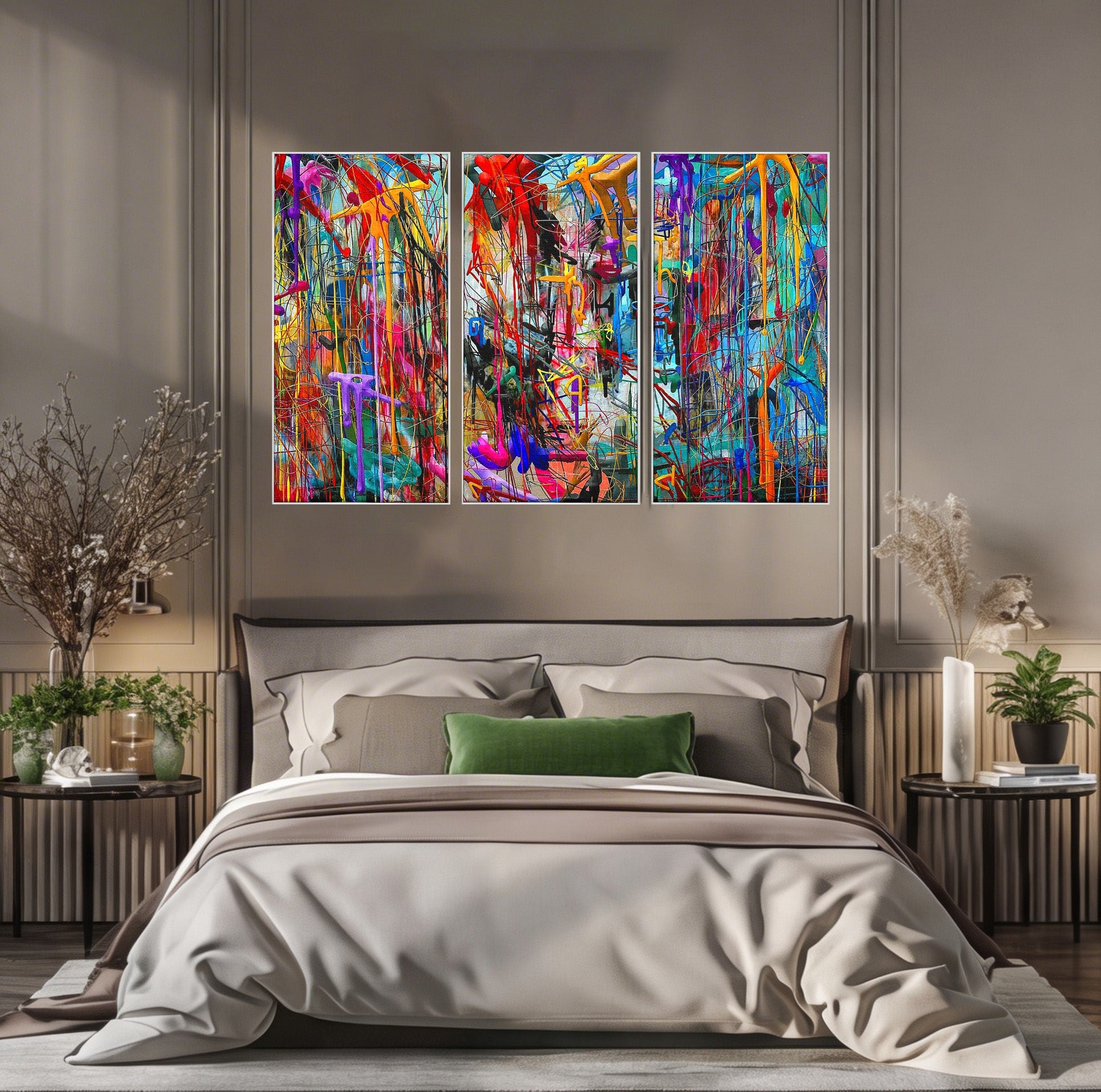 Tablou Canvas Premium LuxCanva® PI1388, Energia Culorilor Vii, Triptic, Abstract, Arta Moderna, Creativitate, Culori Vibrante, Living