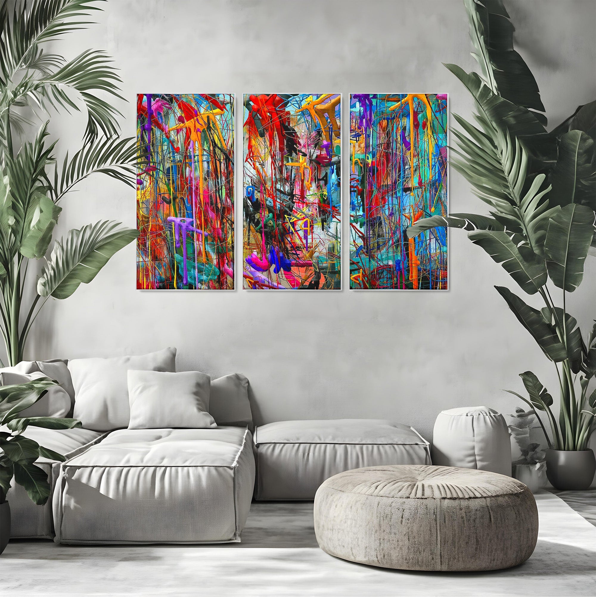 Tablou Canvas Premium LuxCanva® PI1388, Energia Culorilor Vii, Triptic, Abstract, Arta Moderna, Creativitate, Culori Vibrante, Living