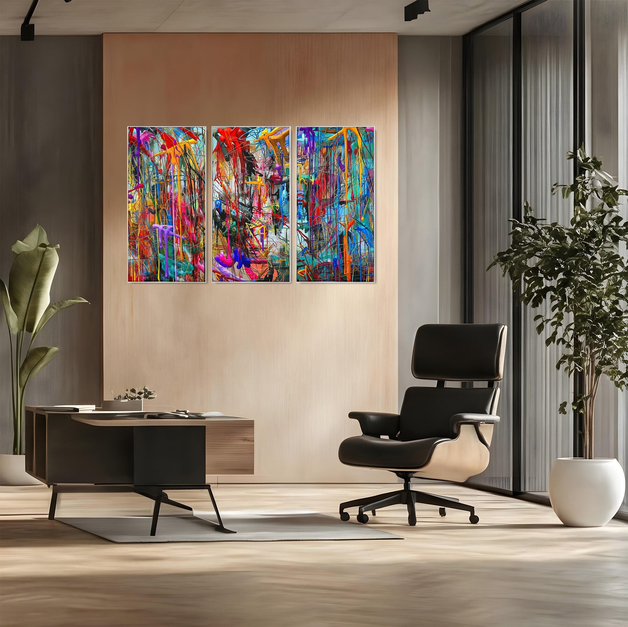 Tablou Canvas Premium LuxCanva® PI1388, Energia Culorilor Vii, Triptic, Abstract, Arta Moderna, Creativitate, Culori Vibrante, Living