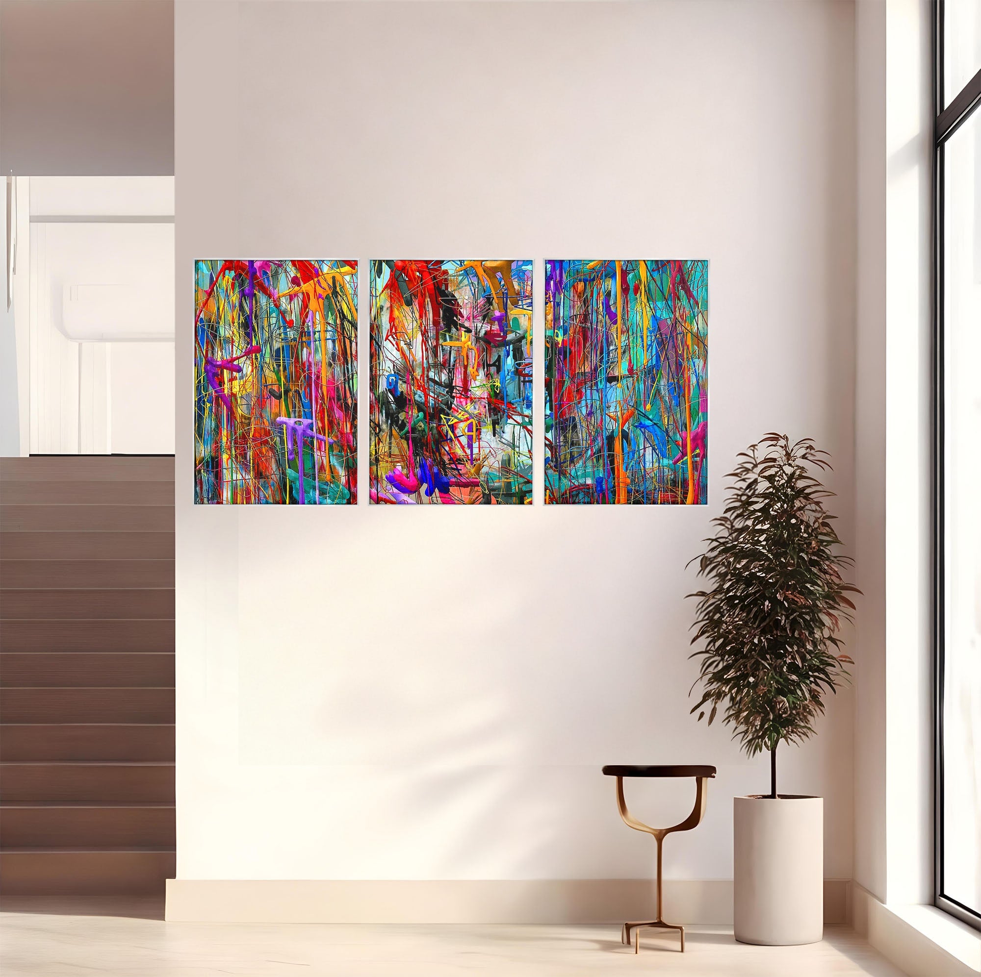 Tablou Canvas Premium LuxCanva® PI1388, Energia Culorilor Vii, Triptic, Abstract, Arta Moderna, Creativitate, Culori Vibrante, Living
