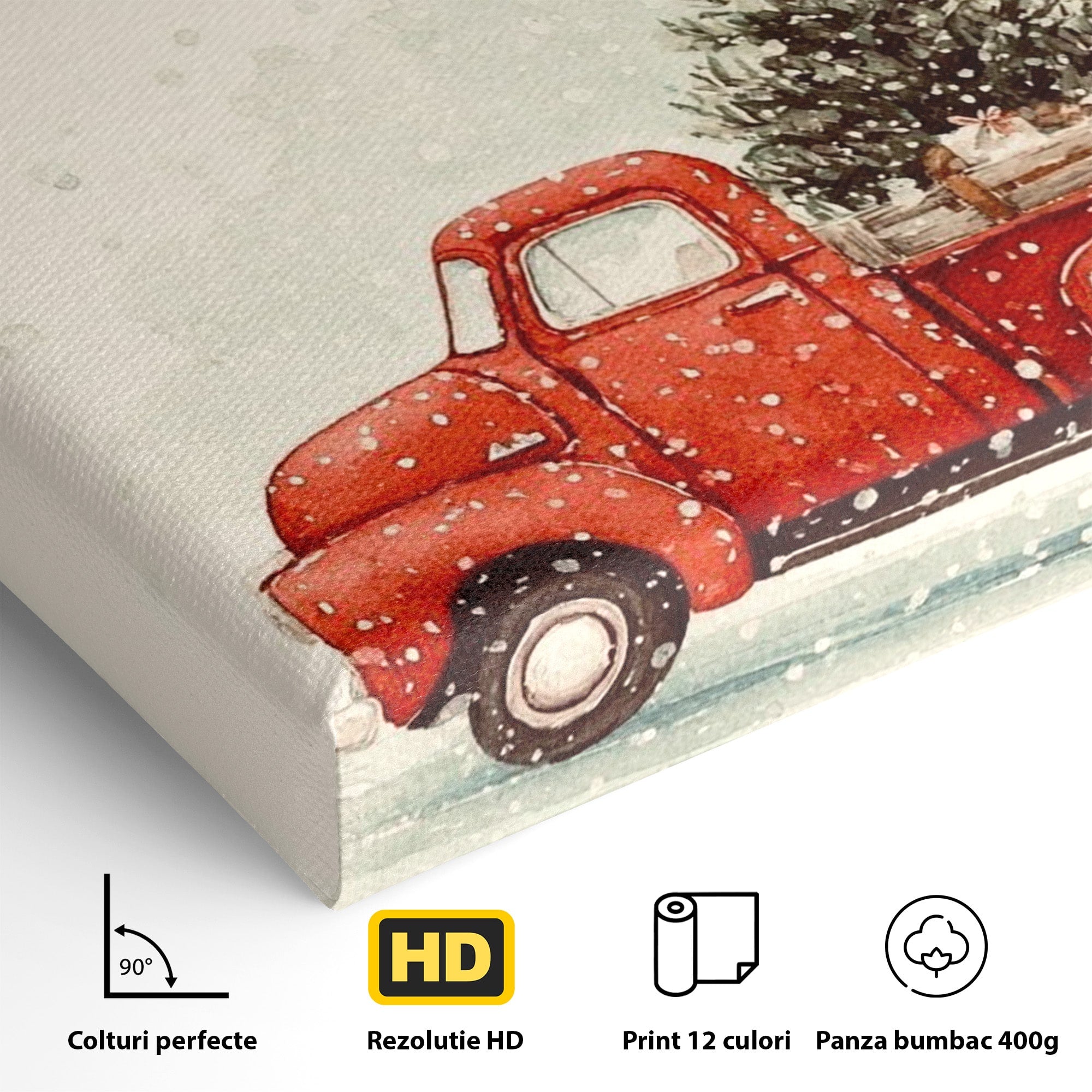 Tablou Canvas Premium LuxCanva® PI1392, Camioneta De Craciun, Masina, Brad, Transport, Iarna, Culori Vibrante, Living, Dormitor, Bucatarie, Camera Copii