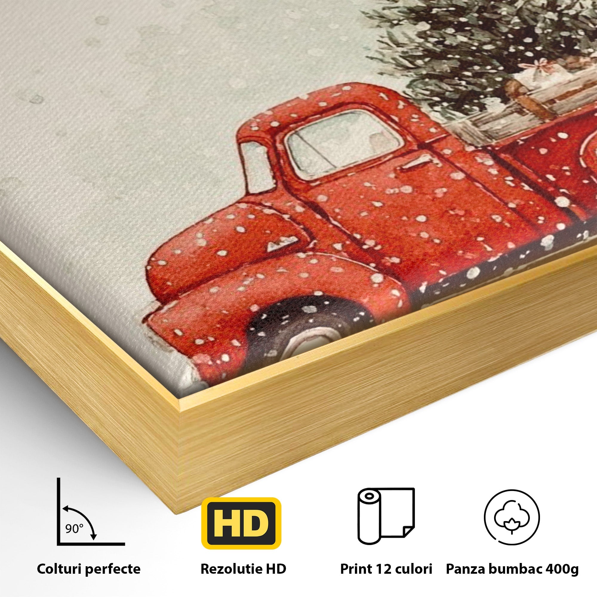 Tablou Canvas Premium LuxCanva® PI1392, Camioneta De Craciun, Masina, Brad, Transport, Iarna, Culori Vibrante, Living, Dormitor, Bucatarie, Camera Copii