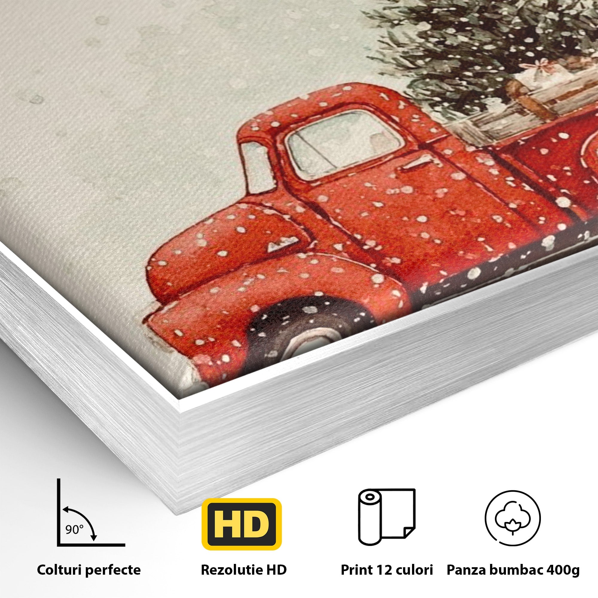 Tablou Canvas Premium LuxCanva® PI1392, Camioneta De Craciun, Masina, Brad, Transport, Iarna, Culori Vibrante, Living, Dormitor, Bucatarie, Camera Copii