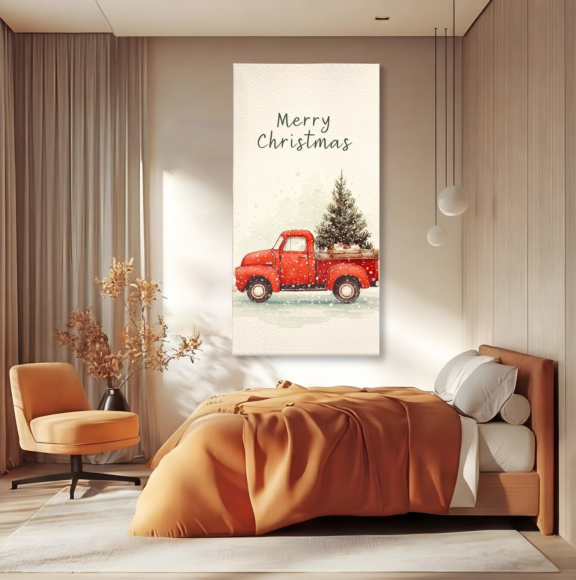 Tablou Canvas Premium LuxCanva® PI1392, Camioneta De Craciun, Masina, Brad, Transport, Iarna, Culori Vibrante, Living, Dormitor, Bucatarie, Camera Copii