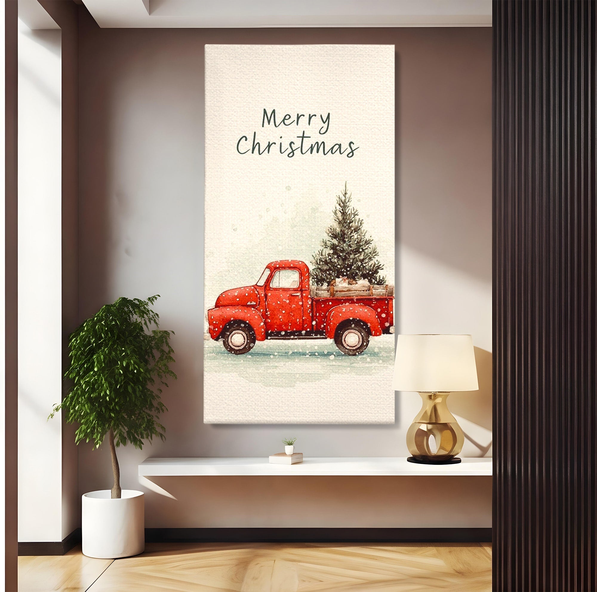 Tablou Canvas Premium LuxCanva® PI1392, Camioneta De Craciun, Masina, Brad, Transport, Iarna, Culori Vibrante, Living, Dormitor, Bucatarie, Camera Copii