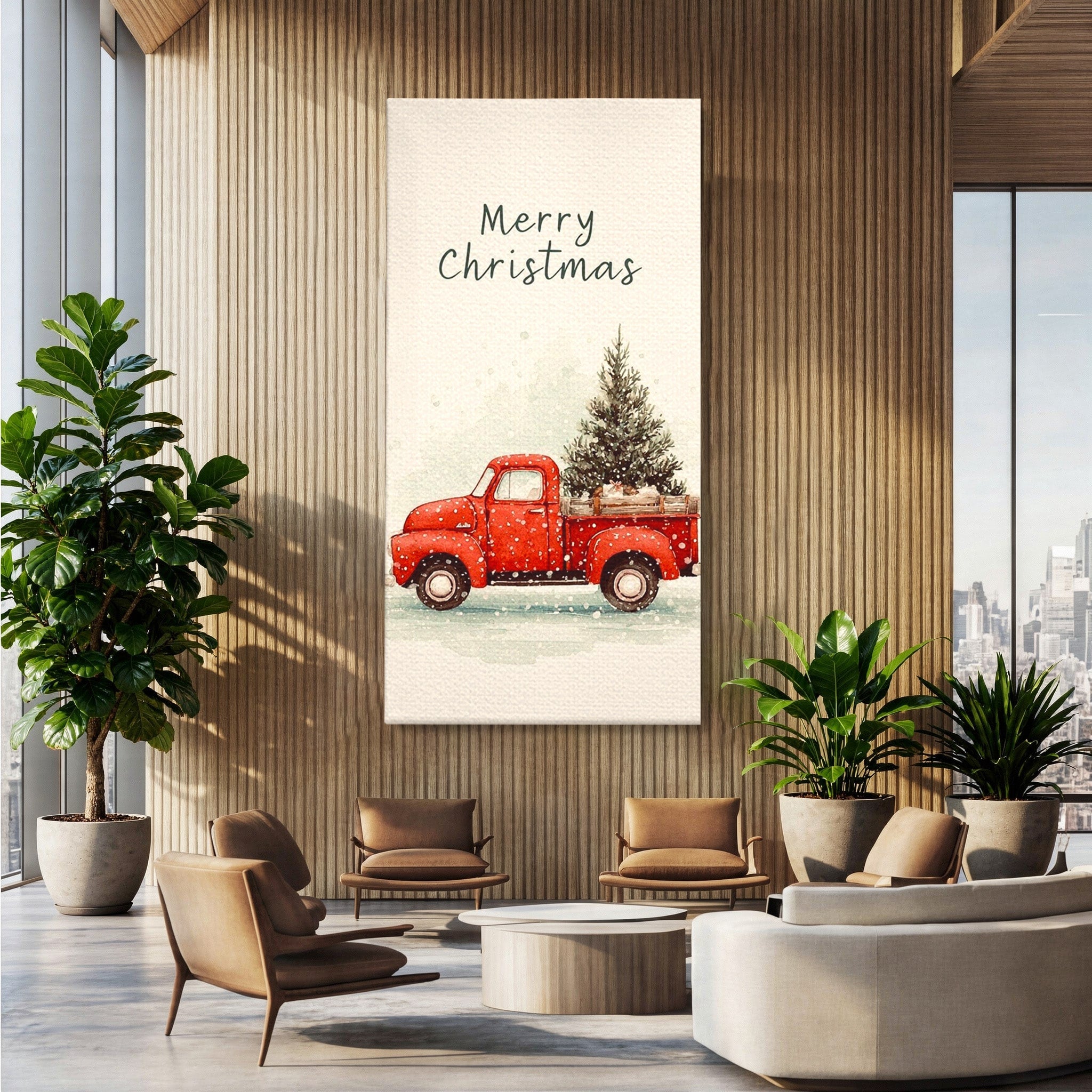 Tablou Canvas Premium LuxCanva® PI1392, Camioneta De Craciun, Masina, Brad, Transport, Iarna, Culori Vibrante, Living, Dormitor, Bucatarie, Camera Copii