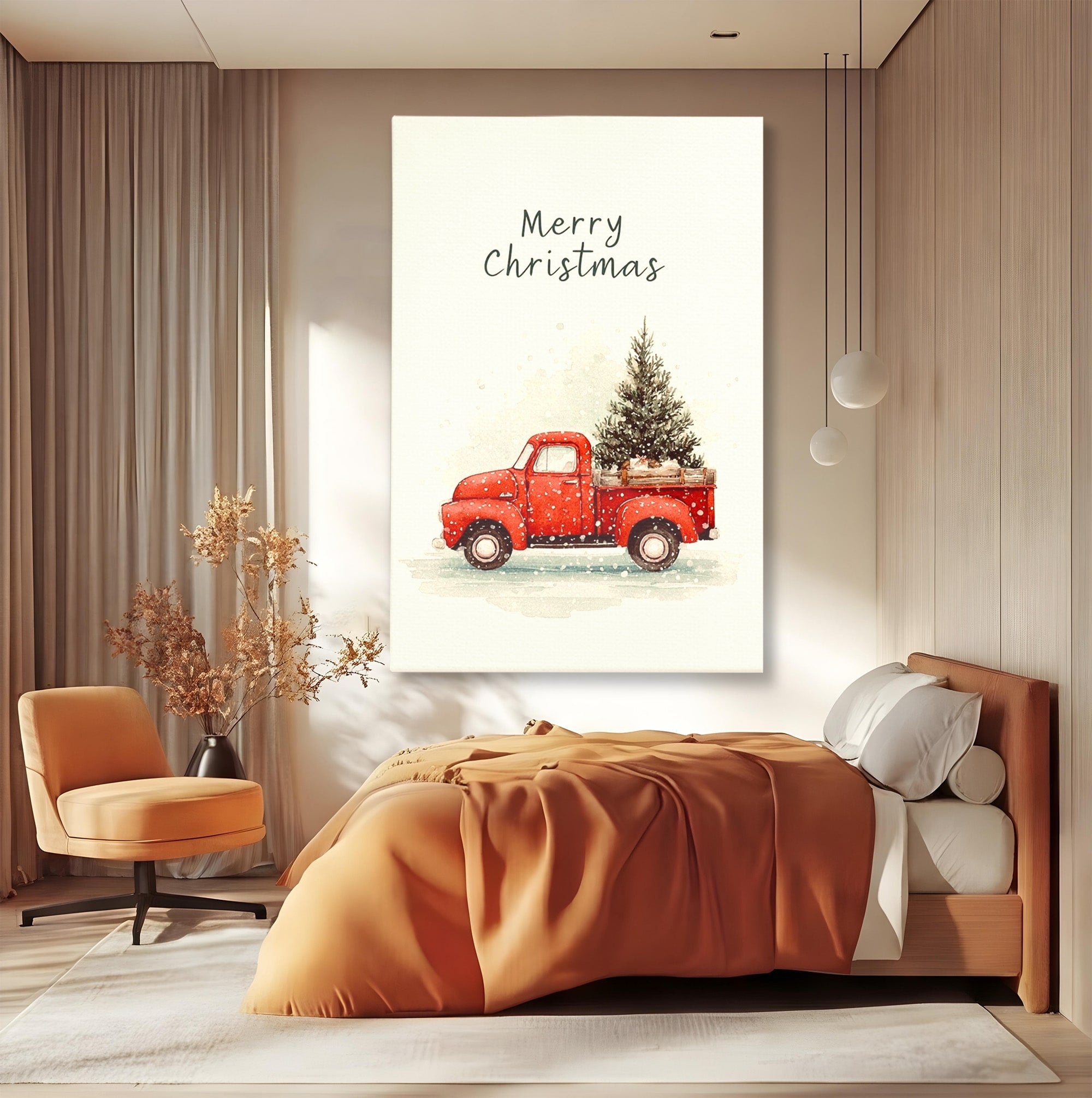 Tablou Canvas Premium LuxCanva® PI1392, Camioneta De Craciun, Masina, Brad, Transport, Iarna, Culori Vibrante, Living, Dormitor, Bucatarie, Camera Copii