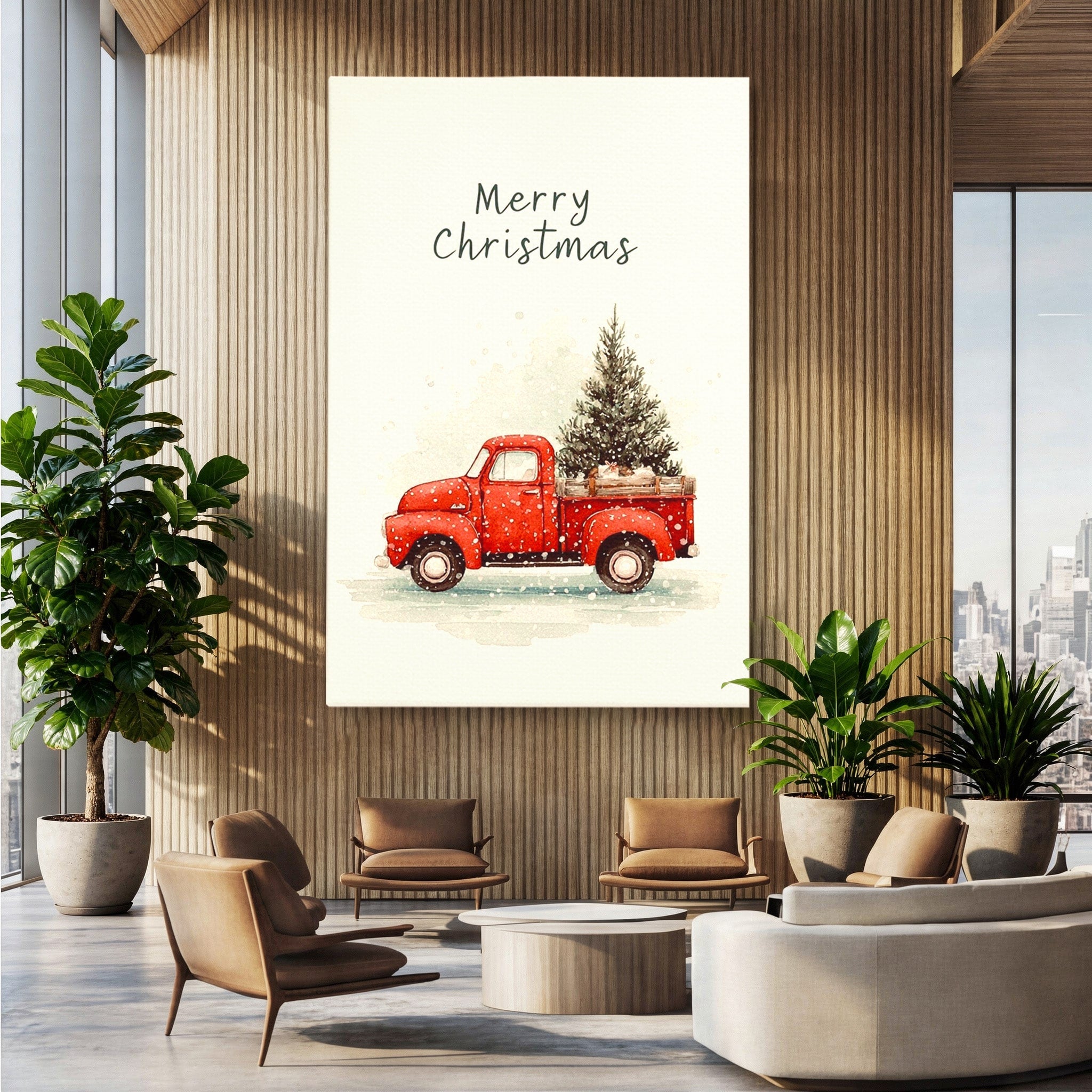 Tablou Canvas Premium LuxCanva® PI1392, Camioneta De Craciun, Masina, Brad, Transport, Iarna, Culori Vibrante, Living, Dormitor, Bucatarie, Camera Copii