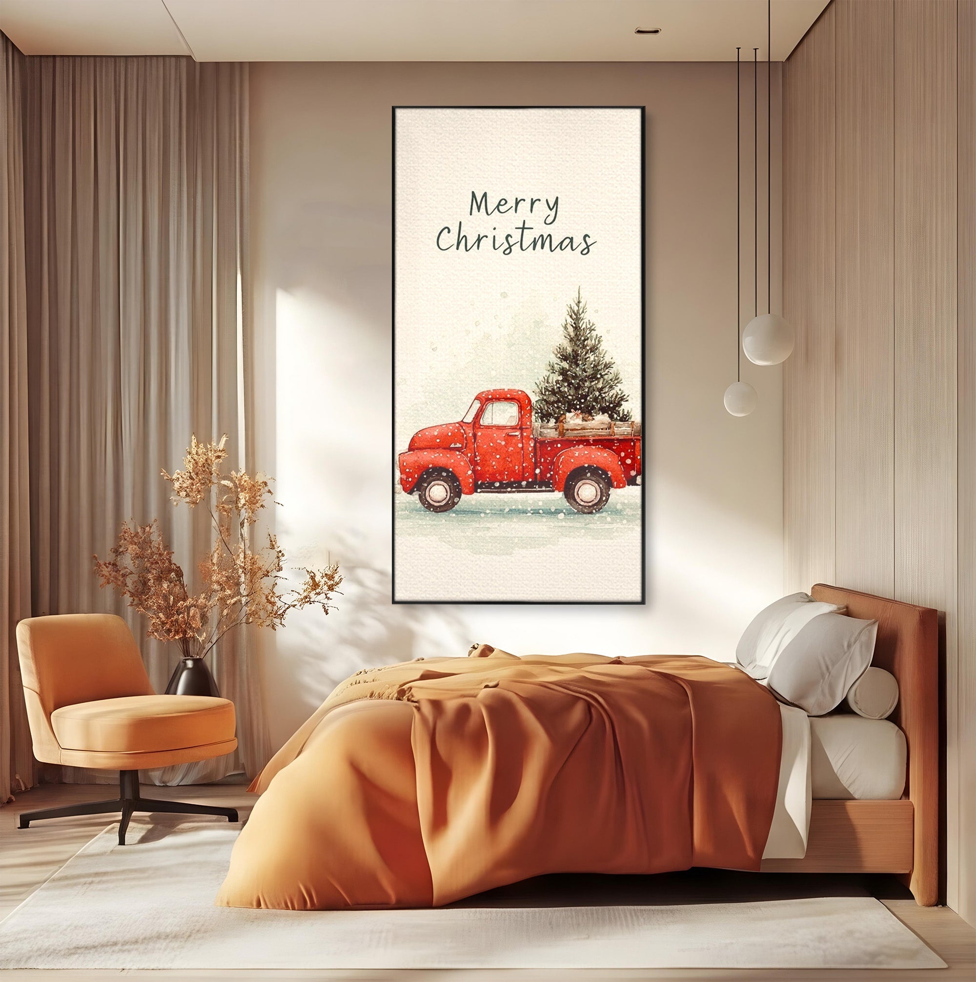 Tablou Canvas Premium LuxCanva® PI1392, Camioneta De Craciun, Masina, Brad, Transport, Iarna, Culori Vibrante, Living, Dormitor, Bucatarie, Camera Copii