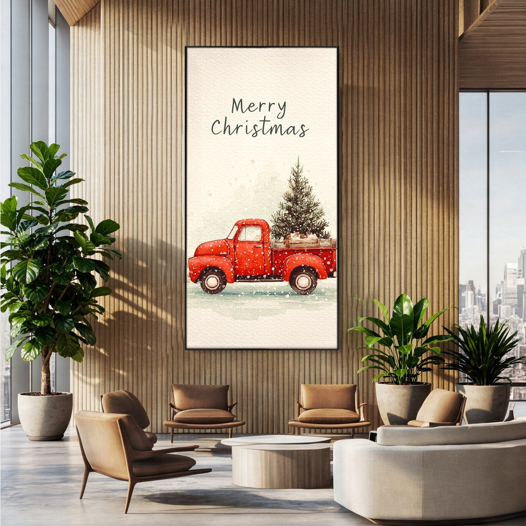 Tablou Canvas Premium LuxCanva® PI1392, Camioneta De Craciun, Masina, Brad, Transport, Iarna, Culori Vibrante, Living, Dormitor, Bucatarie, Camera Copii