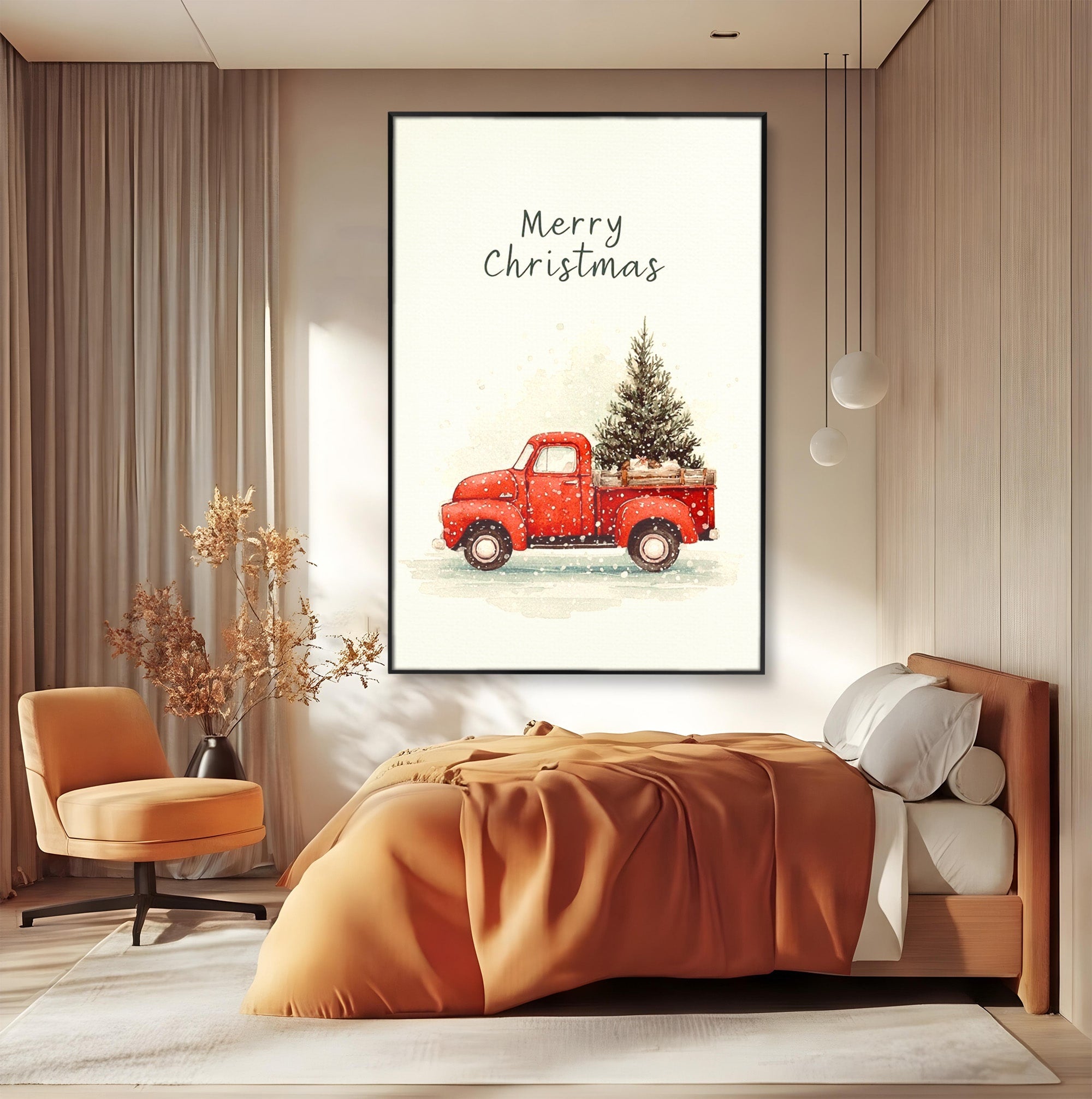 Tablou Canvas Premium LuxCanva® PI1392, Camioneta De Craciun, Masina, Brad, Transport, Iarna, Culori Vibrante, Living, Dormitor, Bucatarie, Camera Copii
