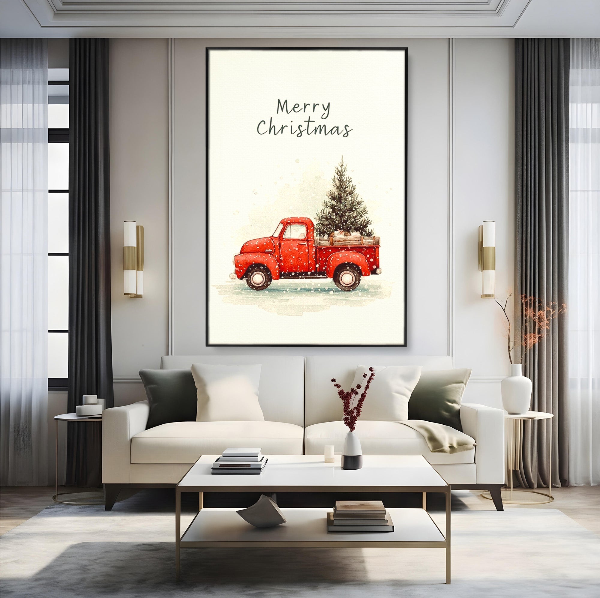 Tablou Canvas Premium LuxCanva® PI1392, Camioneta De Craciun, Masina, Brad, Transport, Iarna, Culori Vibrante, Living, Dormitor, Bucatarie, Camera Copii