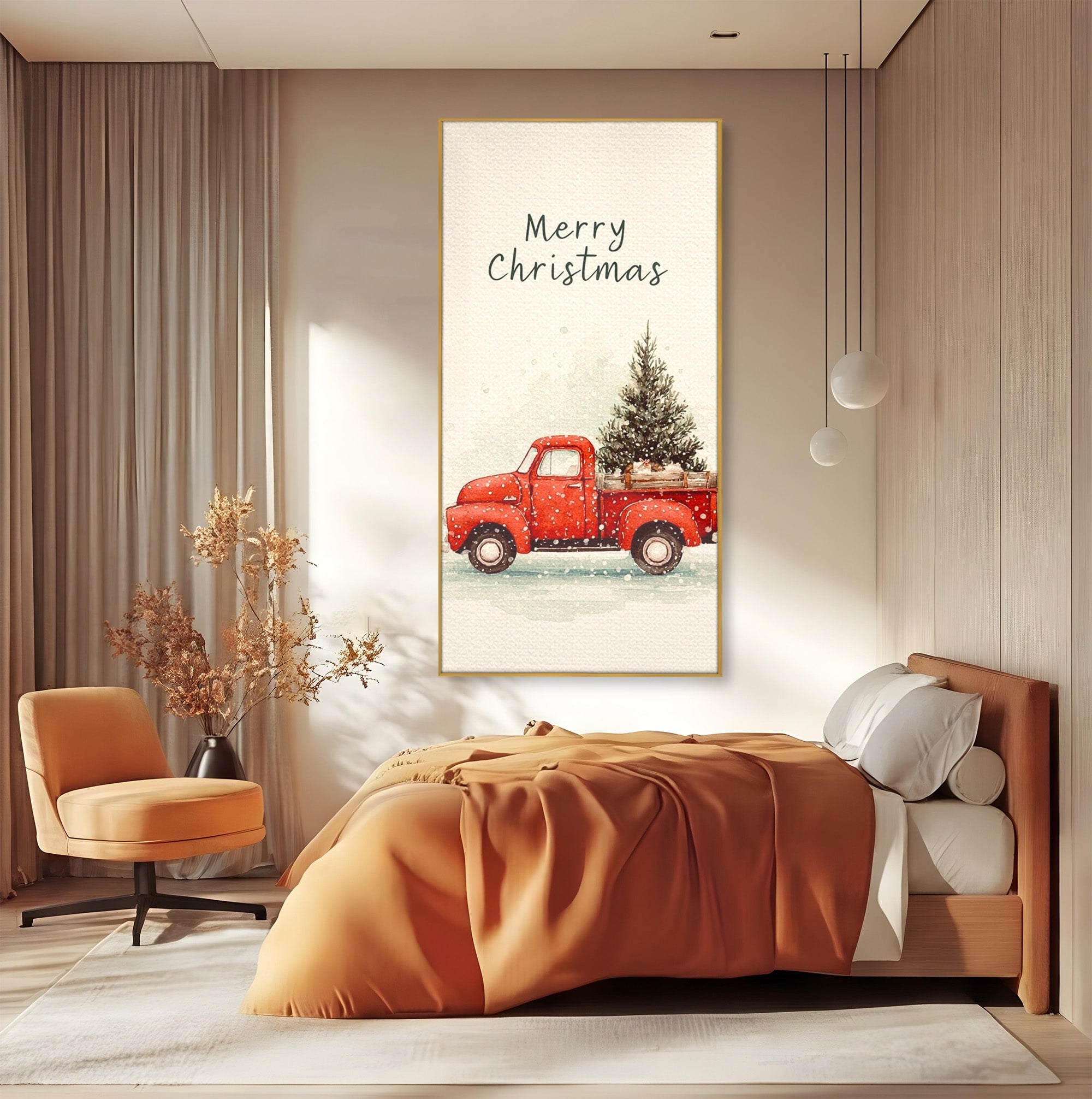 Tablou Canvas Premium LuxCanva® PI1392, Camioneta De Craciun, Masina, Brad, Transport, Iarna, Culori Vibrante, Living, Dormitor, Bucatarie, Camera Copii