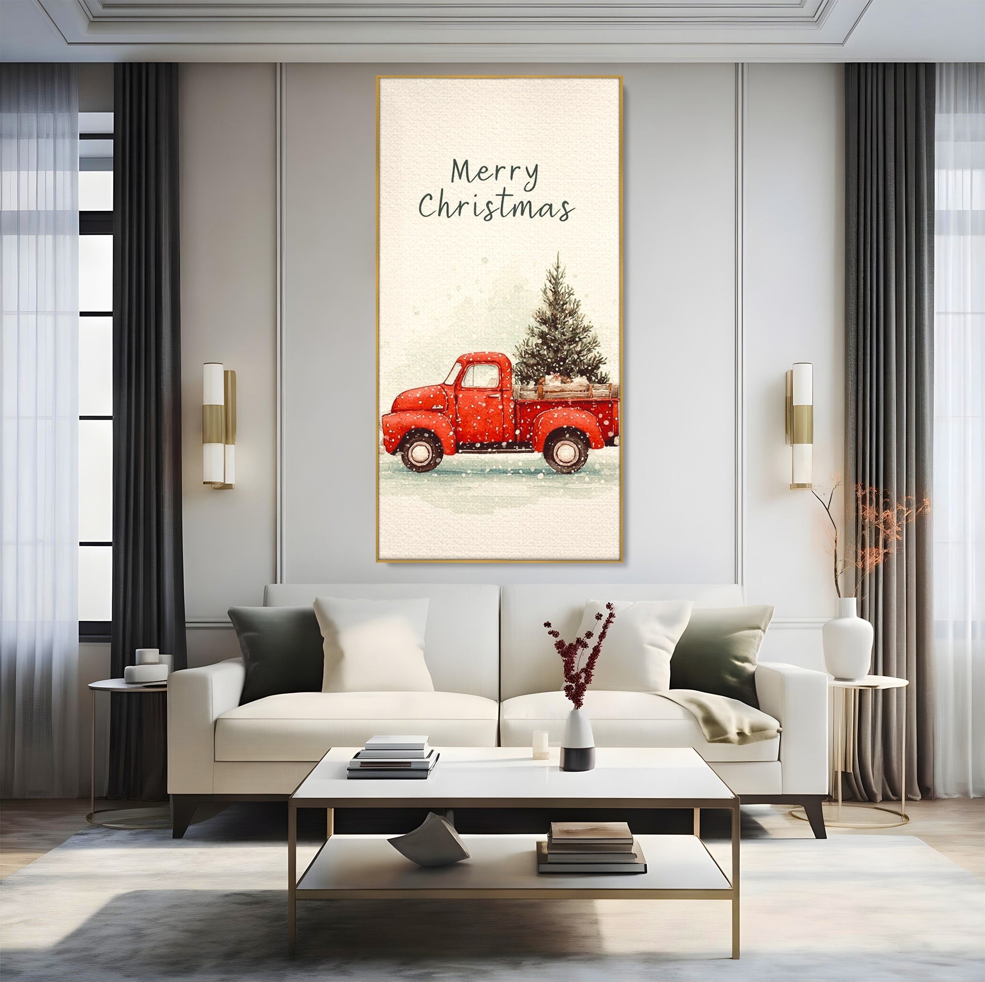 Tablou Canvas Premium LuxCanva® PI1392, Camioneta De Craciun, Masina, Brad, Transport, Iarna, Culori Vibrante, Living, Dormitor, Bucatarie, Camera Copii