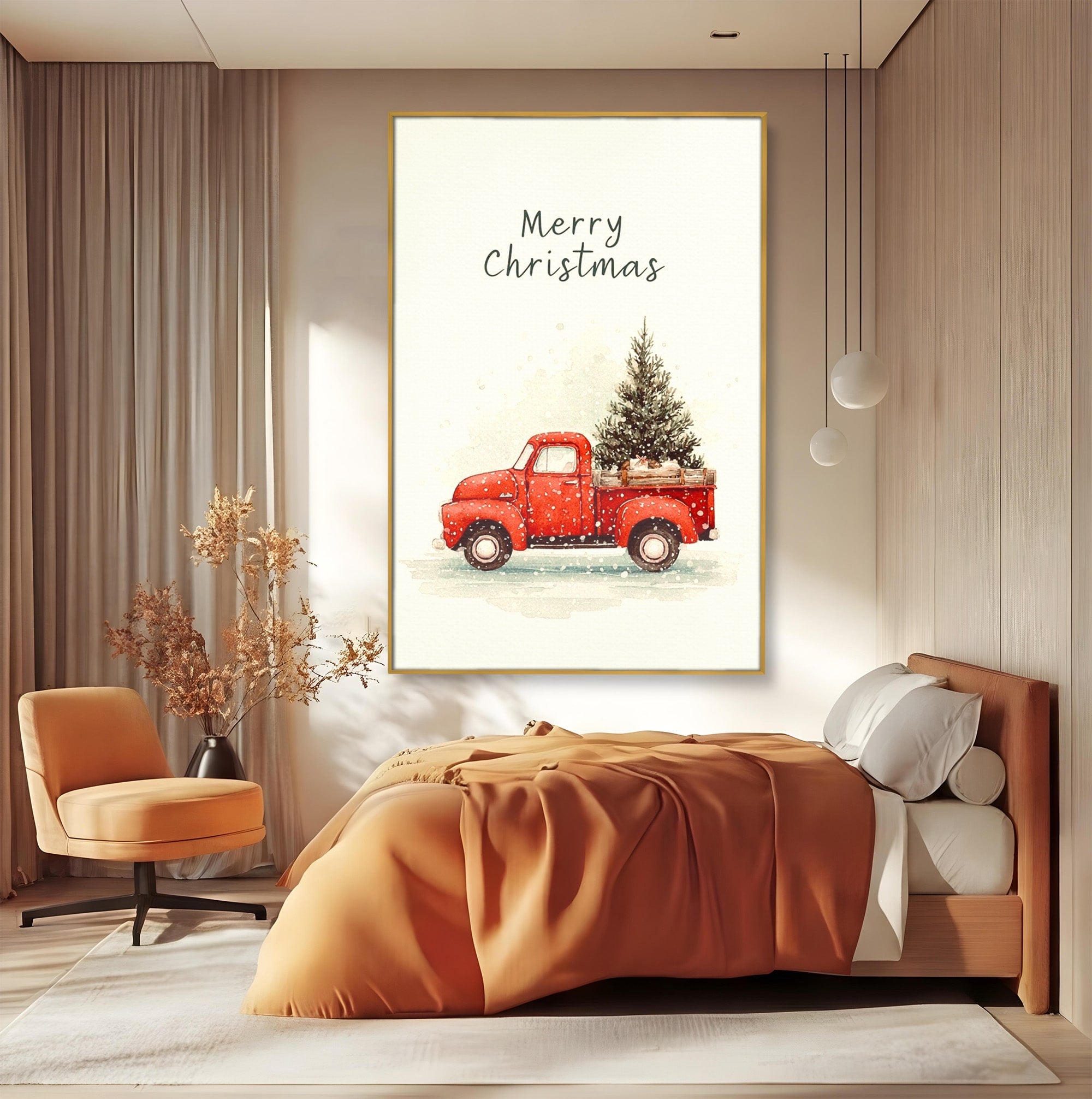 Tablou Canvas Premium LuxCanva® PI1392, Camioneta De Craciun, Masina, Brad, Transport, Iarna, Culori Vibrante, Living, Dormitor, Bucatarie, Camera Copii