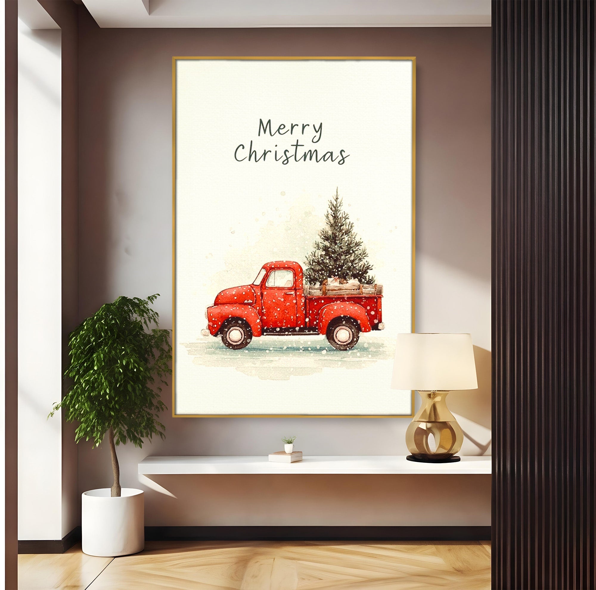 Tablou Canvas Premium LuxCanva® PI1392, Camioneta De Craciun, Masina, Brad, Transport, Iarna, Culori Vibrante, Living, Dormitor, Bucatarie, Camera Copii