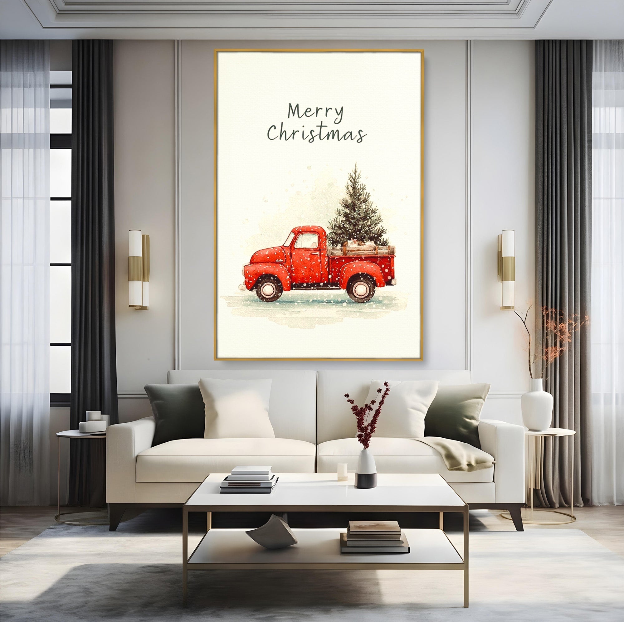 Tablou Canvas Premium LuxCanva® PI1392, Camioneta De Craciun, Masina, Brad, Transport, Iarna, Culori Vibrante, Living, Dormitor, Bucatarie, Camera Copii