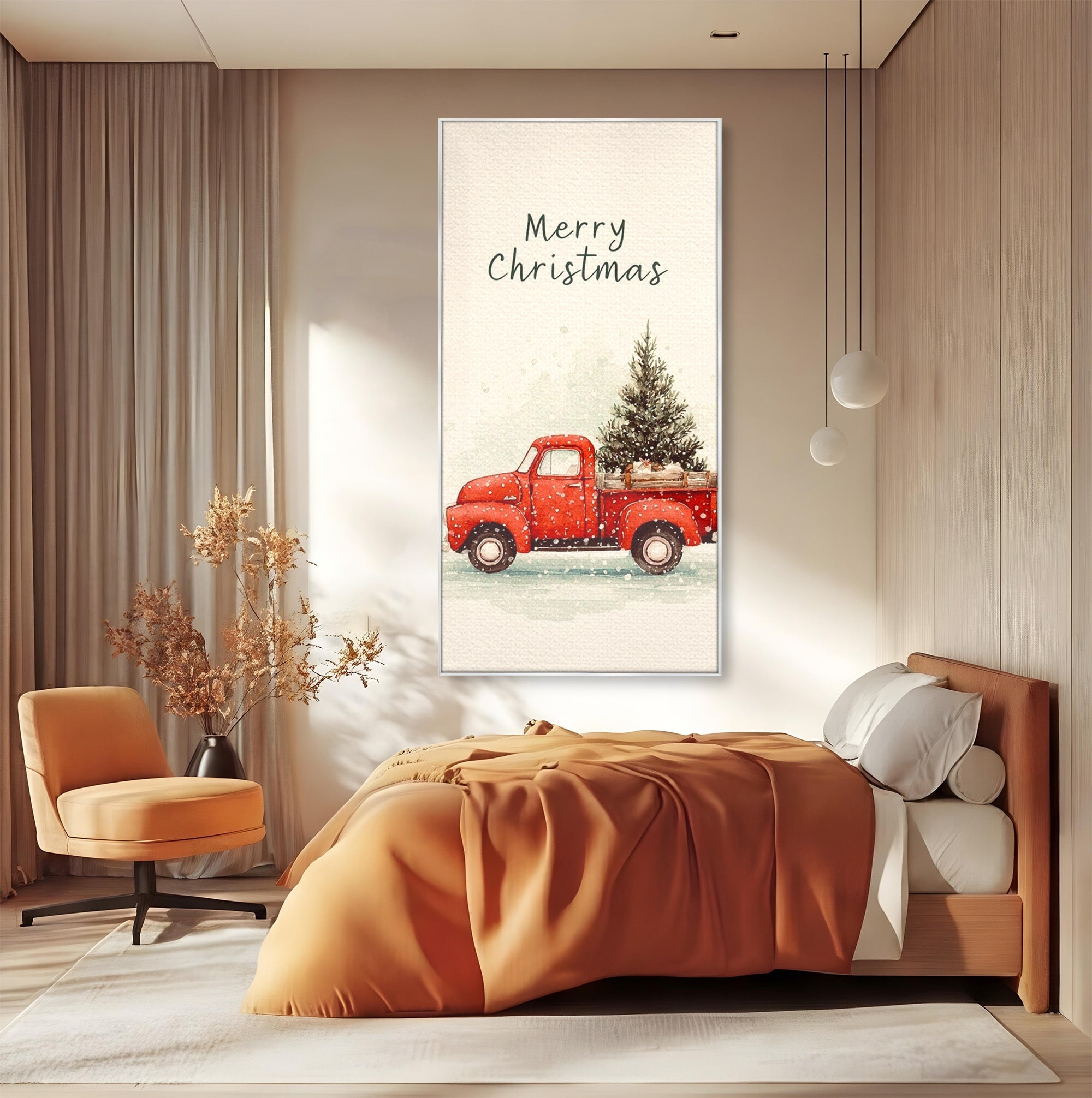 Tablou Canvas Premium LuxCanva® PI1392, Camioneta De Craciun, Masina, Brad, Transport, Iarna, Culori Vibrante, Living, Dormitor, Bucatarie, Camera Copii