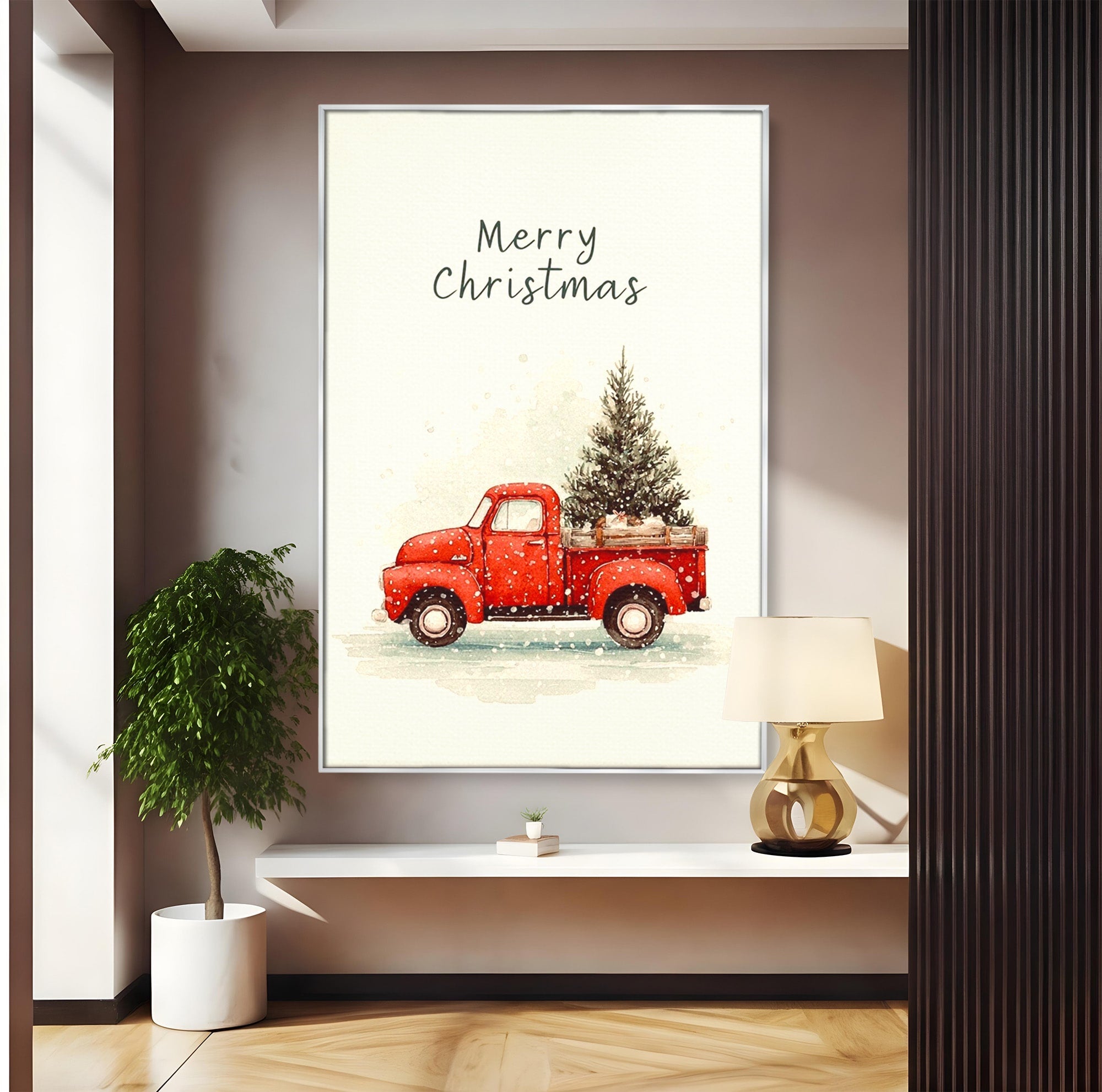 Tablou Canvas Premium LuxCanva® PI1392, Camioneta De Craciun, Masina, Brad, Transport, Iarna, Culori Vibrante, Living, Dormitor, Bucatarie, Camera Copii