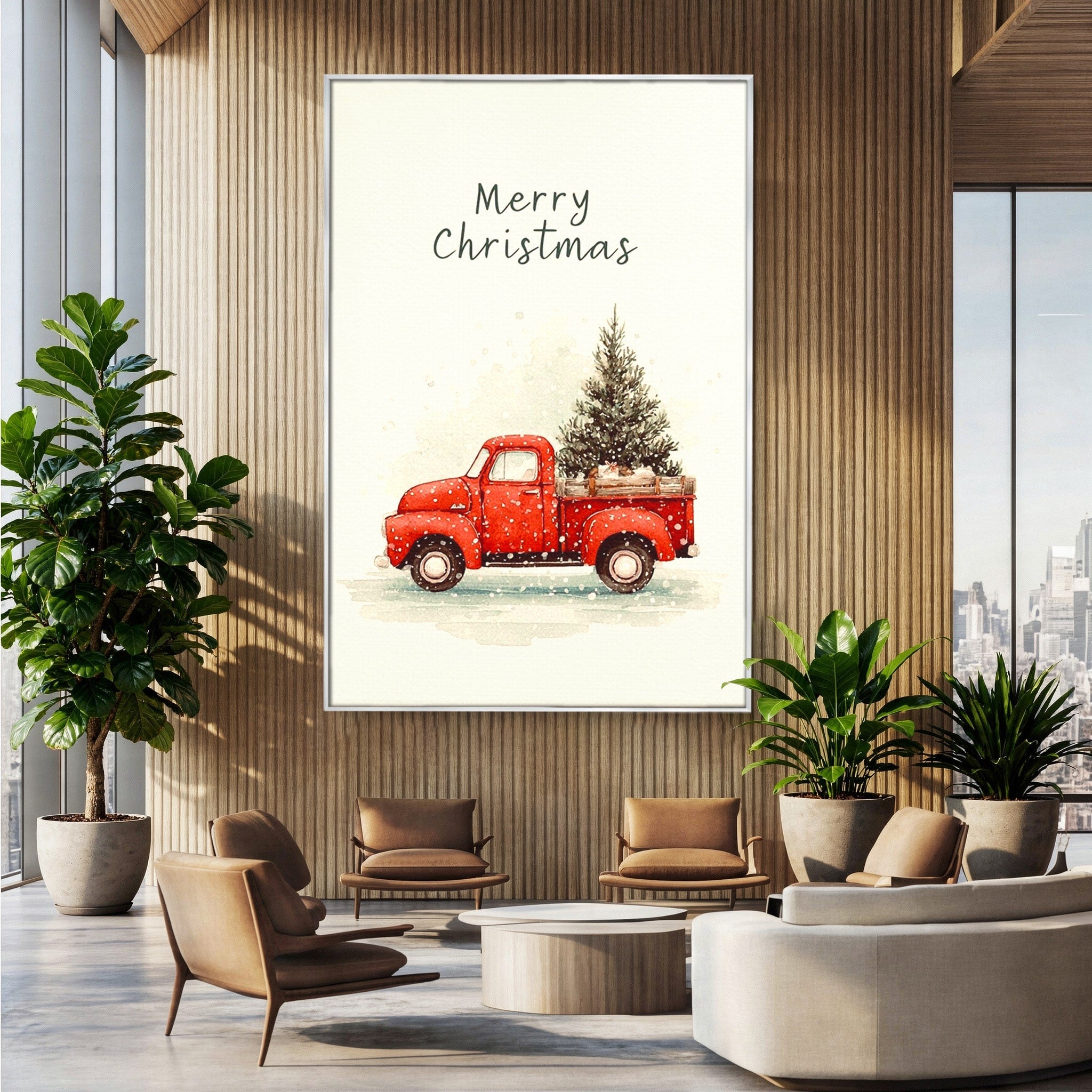 Tablou Canvas Premium LuxCanva® PI1392, Camioneta De Craciun, Masina, Brad, Transport, Iarna, Culori Vibrante, Living, Dormitor, Bucatarie, Camera Copii