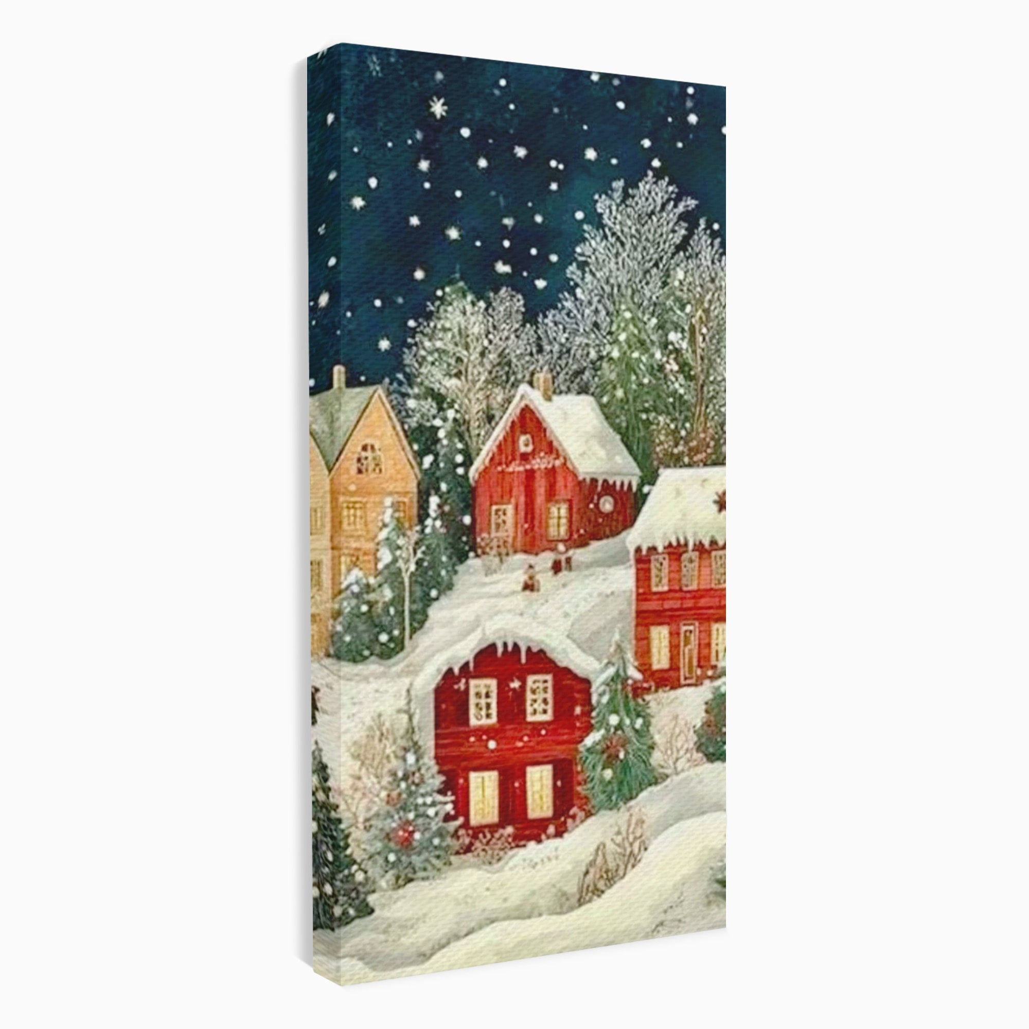 Tablou Canvas Premium LuxCanva® PI1395, Iarna in Satul de Poveste, Case, Luminate, Noapte, Natura, Culori Vibrante, Living, Dormitor