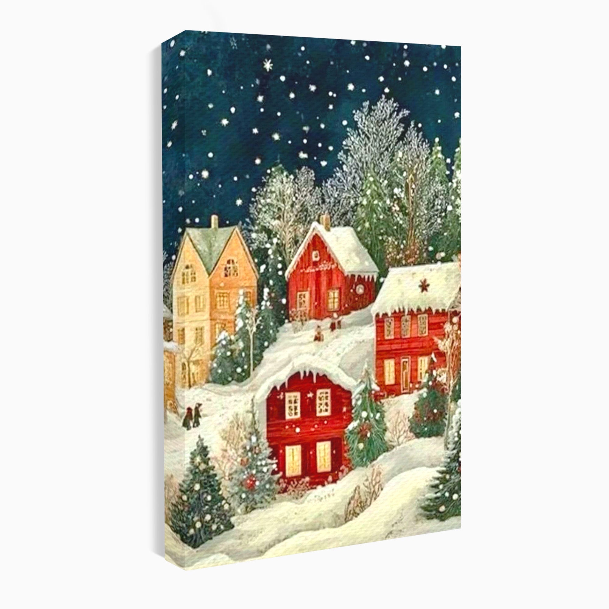 Tablou Canvas Premium LuxCanva® PI1395, Iarna in Satul de Poveste, Case, Luminate, Noapte, Natura, Culori Vibrante, Living, Dormitor