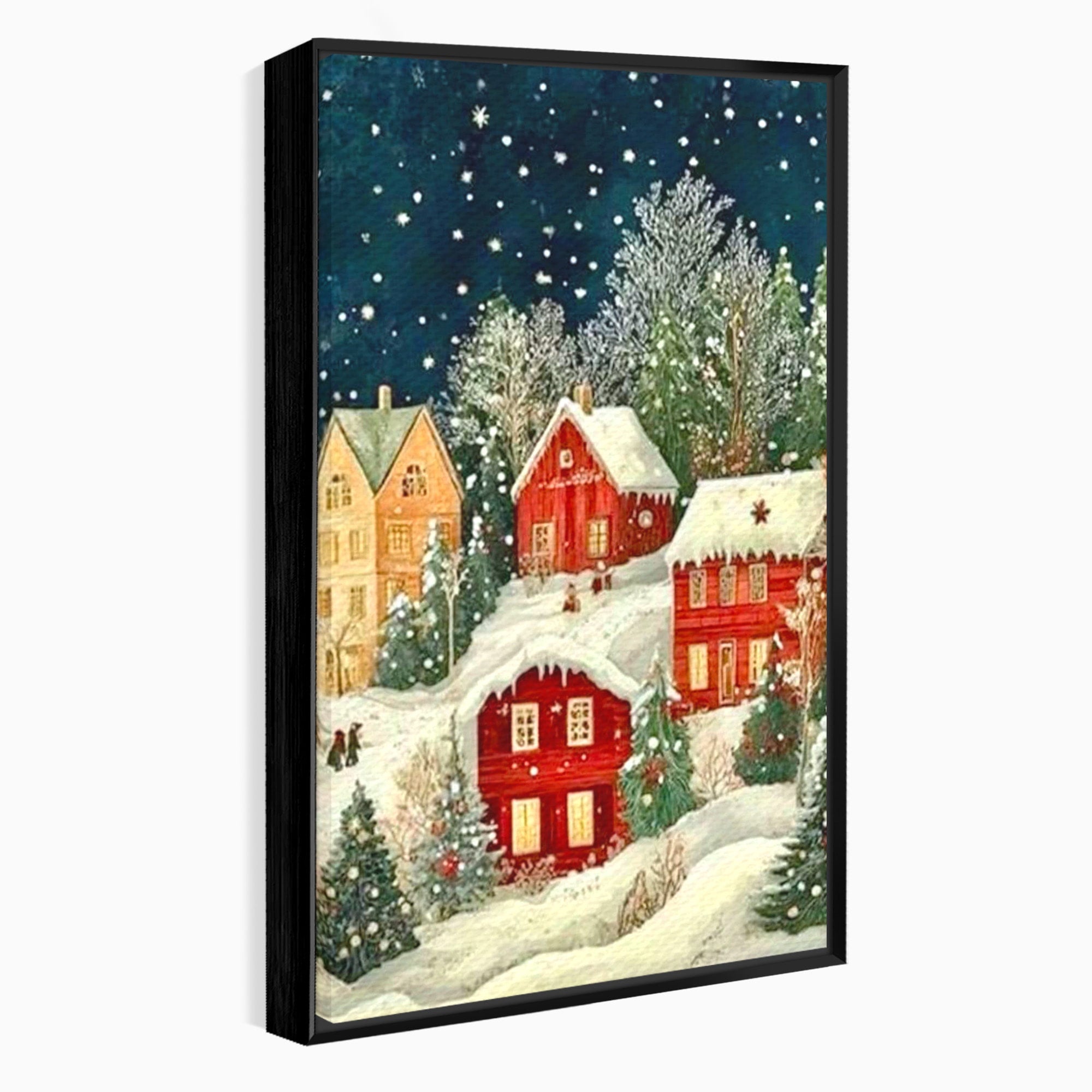 Tablou Canvas Premium LuxCanva® PI1395, Iarna in Satul de Poveste, Case, Luminate, Noapte, Natura, Culori Vibrante, Living, Dormitor