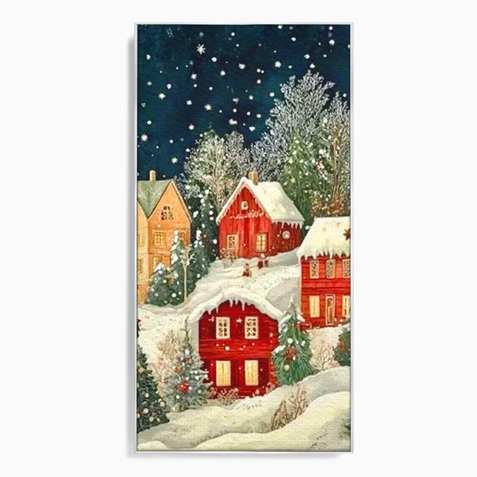 Tablou Canvas Premium LuxCanva® PI1395, Iarna in Satul de Poveste, Case, Luminate, Noapte, Natura, Culori Vibrante, Living, Dormitor