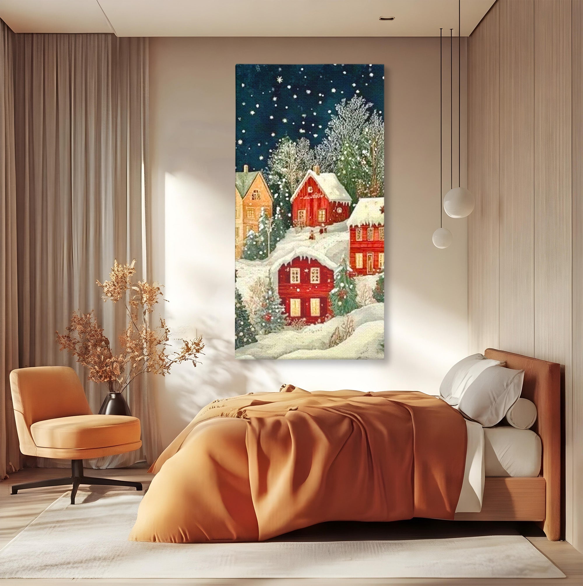 Tablou Canvas Premium LuxCanva® PI1395, Iarna in Satul de Poveste, Case, Luminate, Noapte, Natura, Culori Vibrante, Living, Dormitor