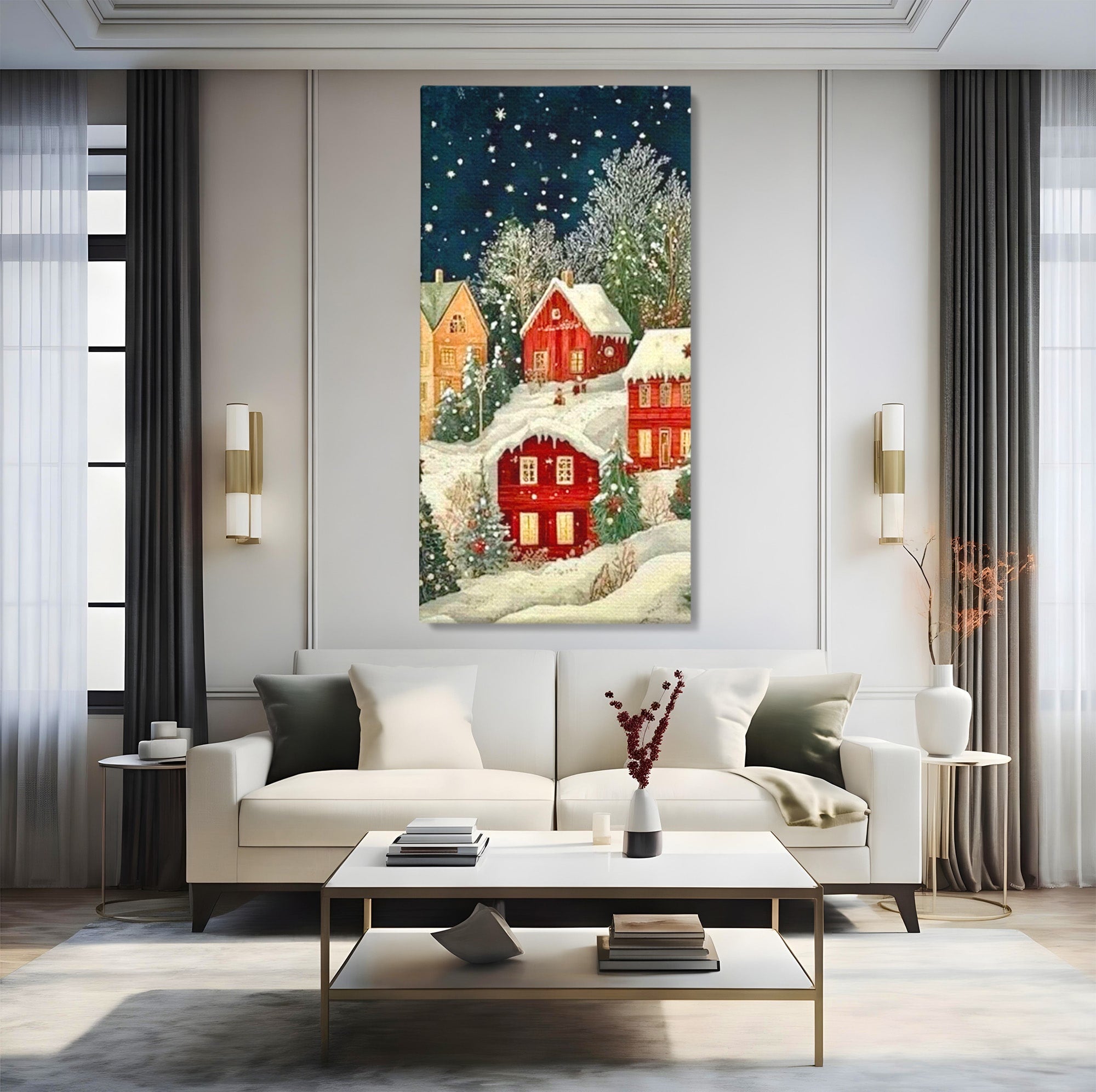 Tablou Canvas Premium LuxCanva® PI1395, Iarna in Satul de Poveste, Case, Luminate, Noapte, Natura, Culori Vibrante, Living, Dormitor