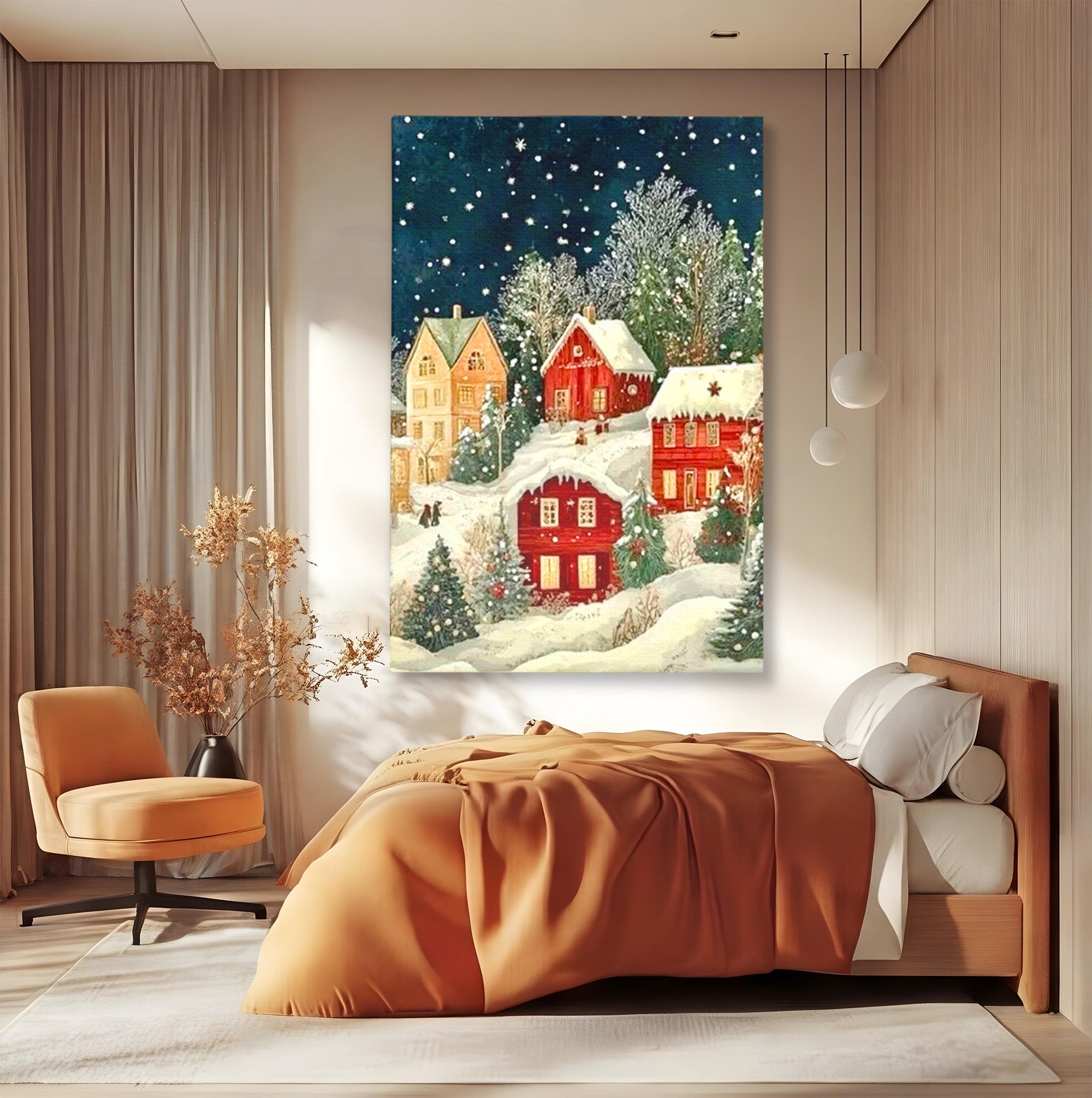 Tablou Canvas Premium LuxCanva® PI1395, Iarna in Satul de Poveste, Case, Luminate, Noapte, Natura, Culori Vibrante, Living, Dormitor