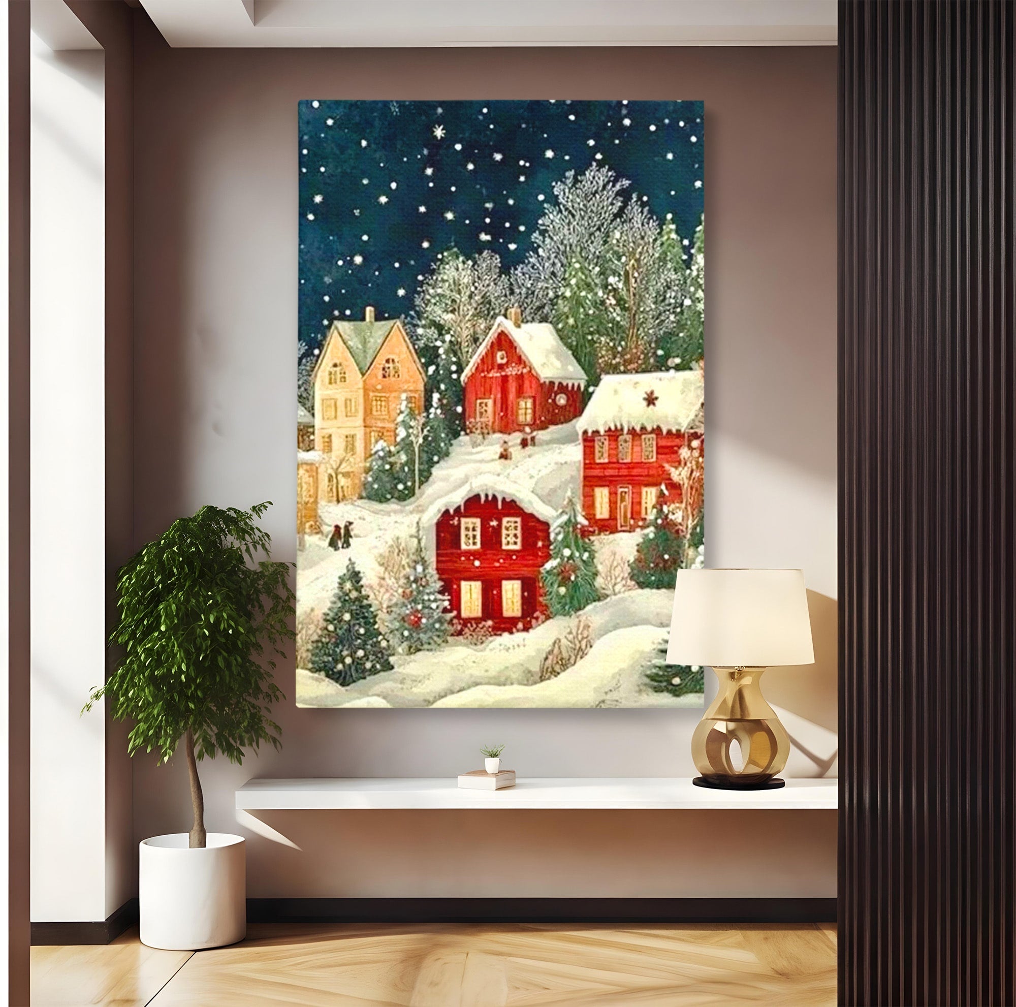 Tablou Canvas Premium LuxCanva® PI1395, Iarna in Satul de Poveste, Case, Luminate, Noapte, Natura, Culori Vibrante, Living, Dormitor