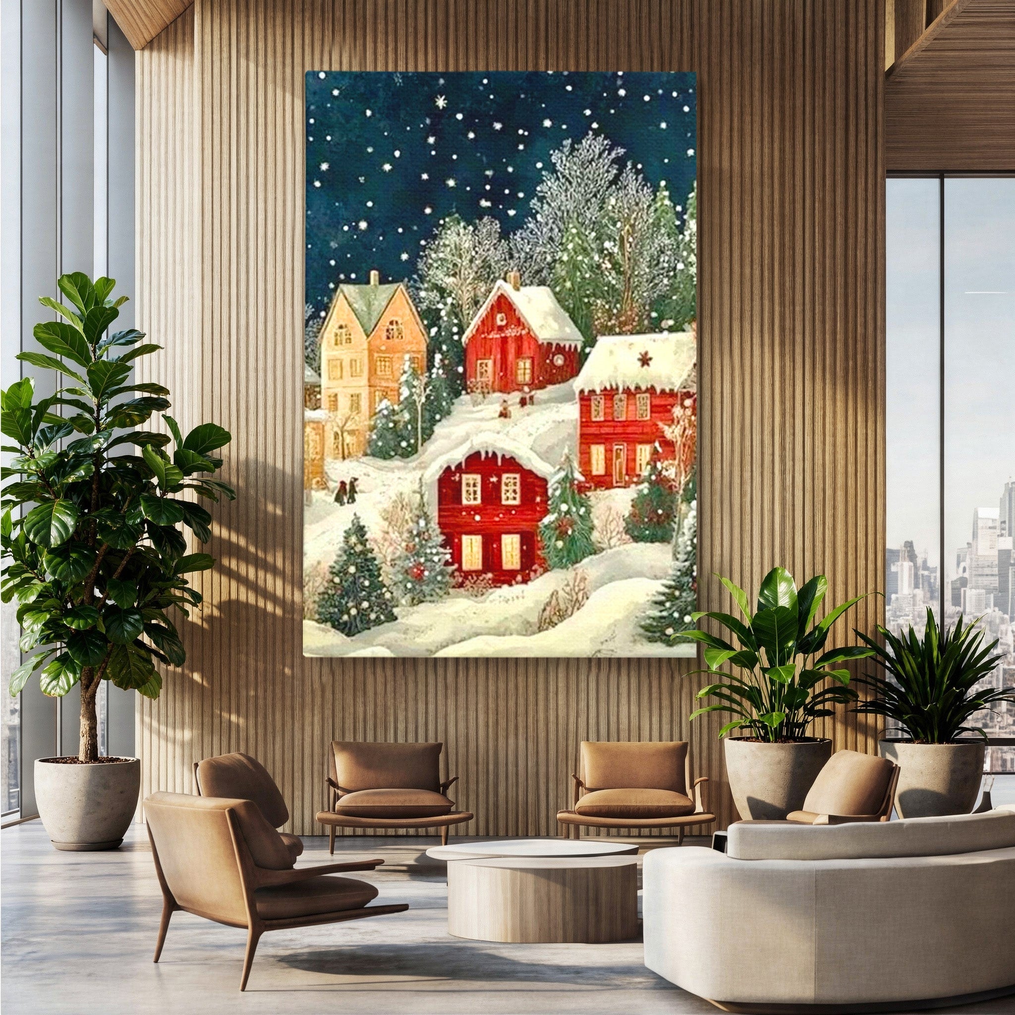 Tablou Canvas Premium LuxCanva® PI1395, Iarna in Satul de Poveste, Case, Luminate, Noapte, Natura, Culori Vibrante, Living, Dormitor