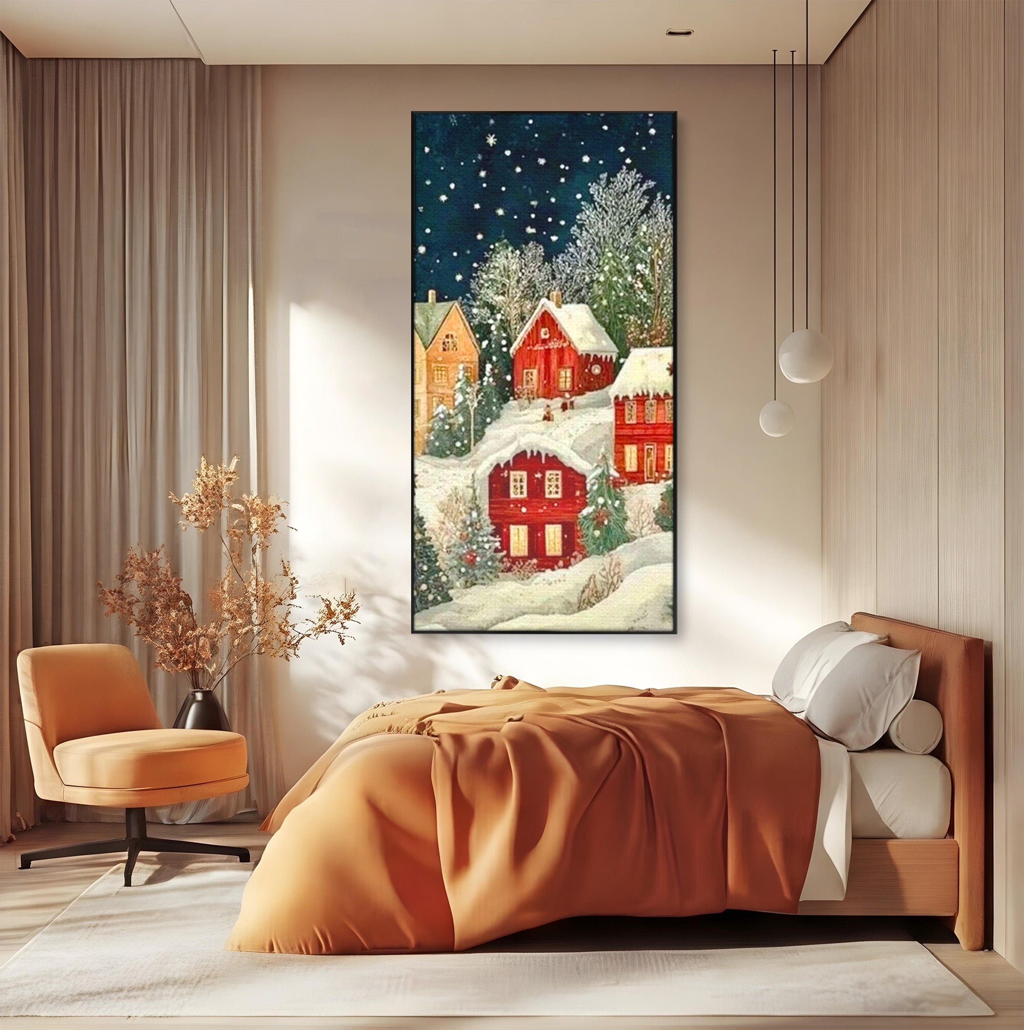 Tablou Canvas Premium LuxCanva® PI1395, Iarna in Satul de Poveste, Case, Luminate, Noapte, Natura, Culori Vibrante, Living, Dormitor